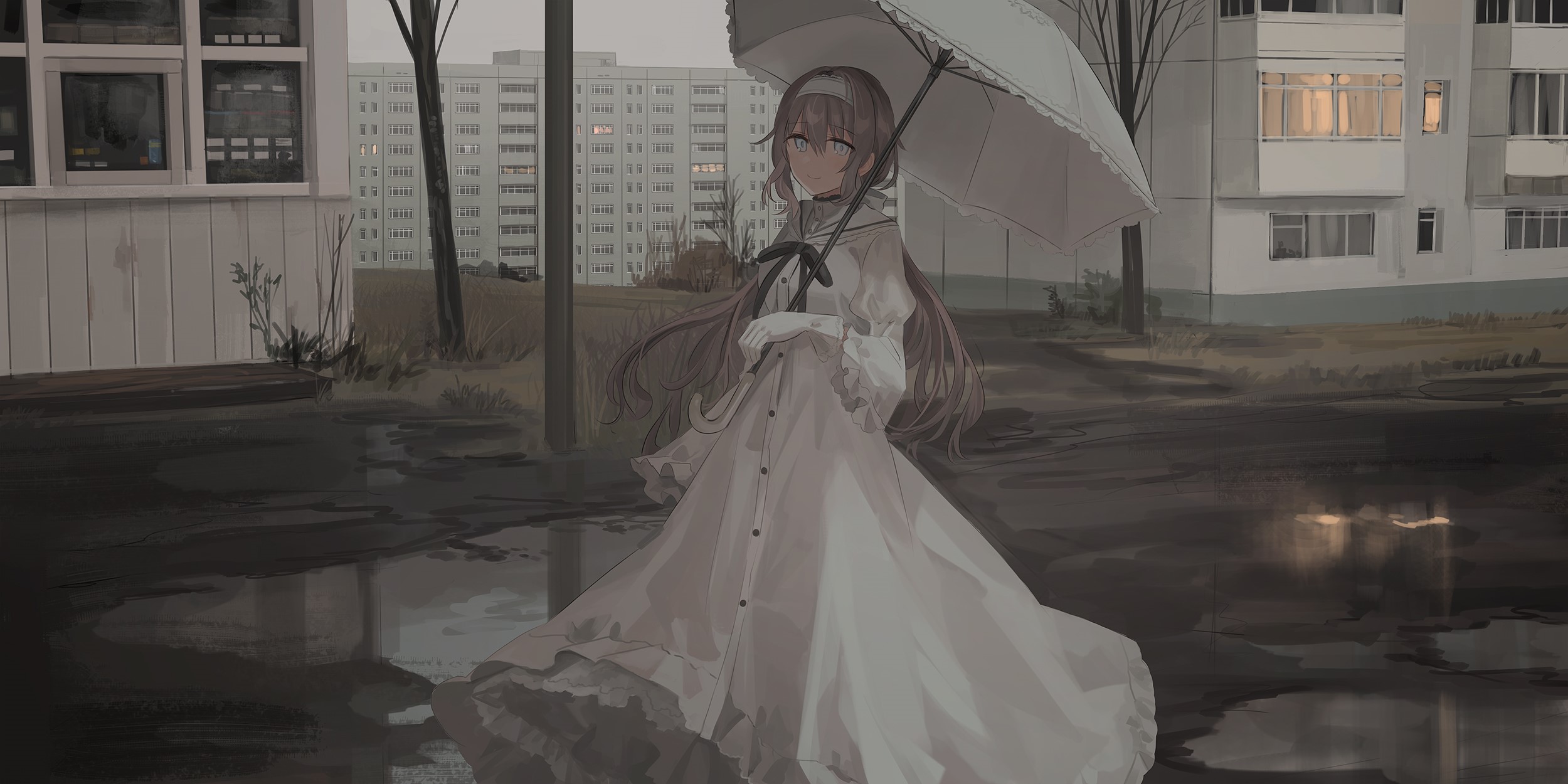 Anime girl with umbrella in front of apartment buildings HD Wallpaper