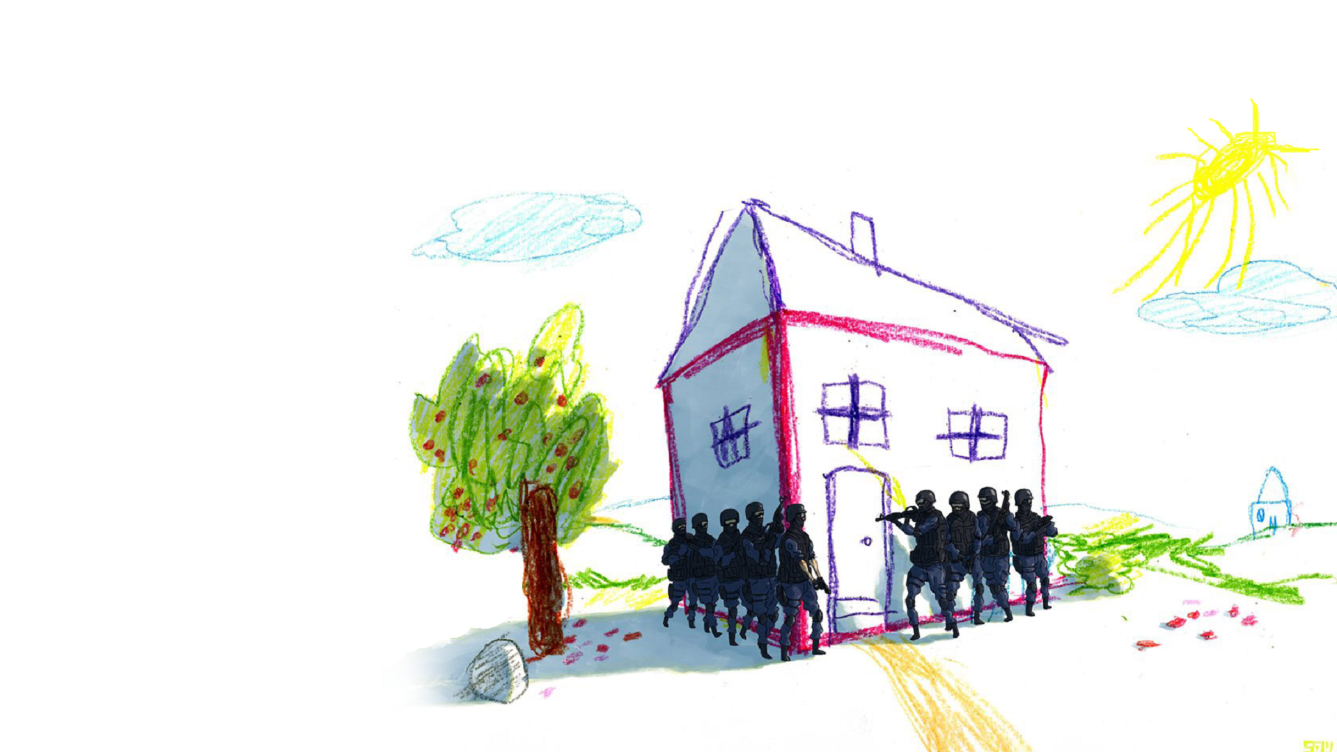 Children's drawing of SWAT team at a house HD Wallpaper