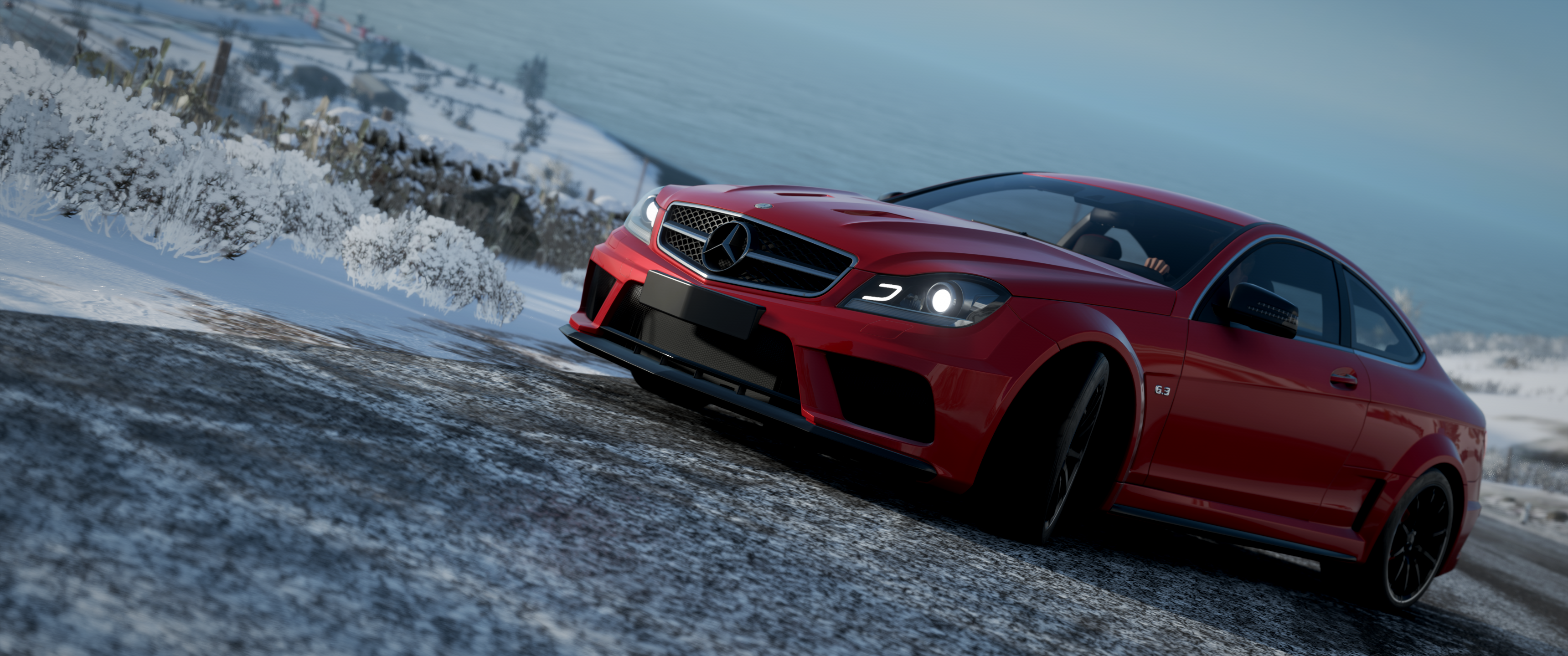 Red Mercedes-Benz C63 AMG Coupe in Forza Horizon 4 HD Wallpaper