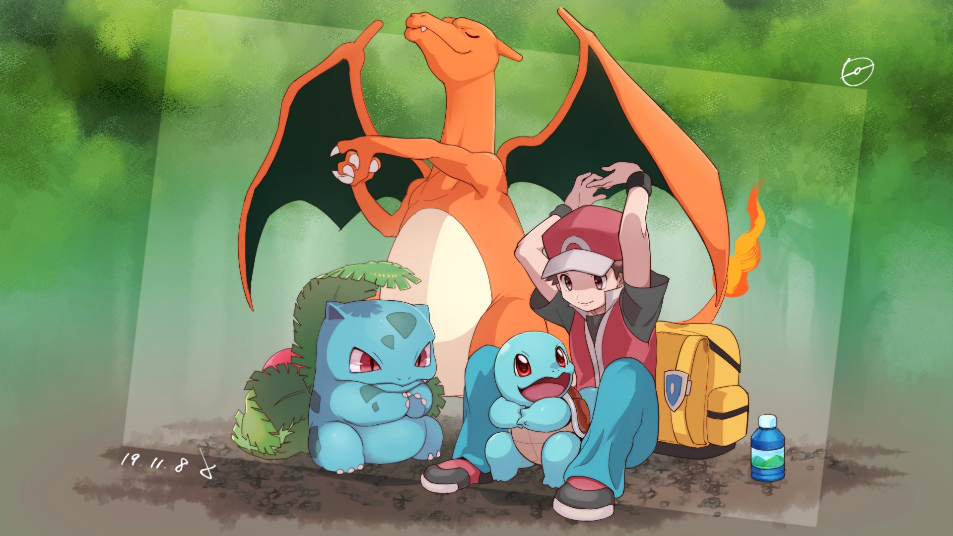 Red and Pokémon Charizard, Bulbasaur, and Squirtle HD Wallpaper