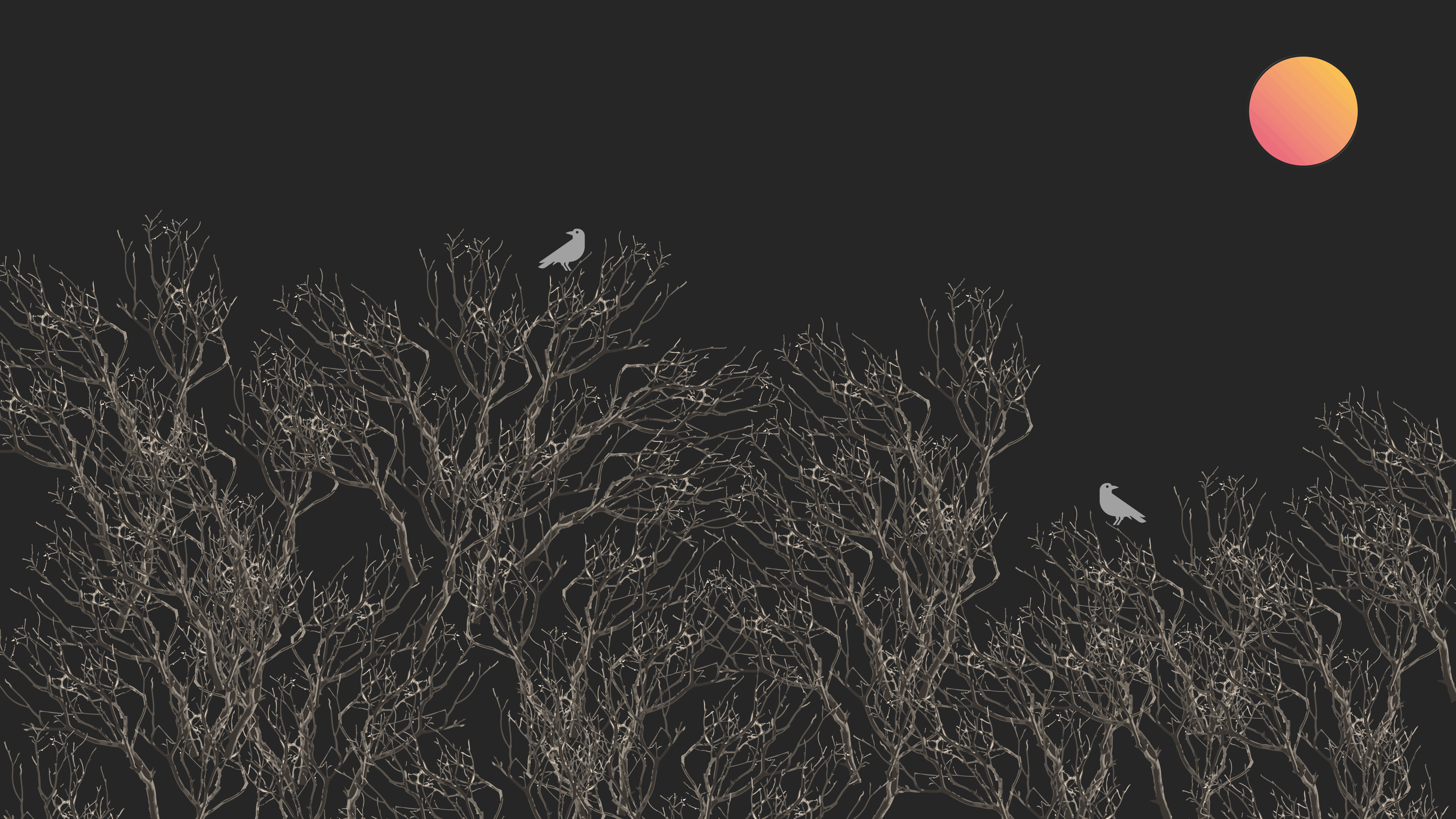 Minimalist night scene with bare trees and a gradient moon HD Wallpaper