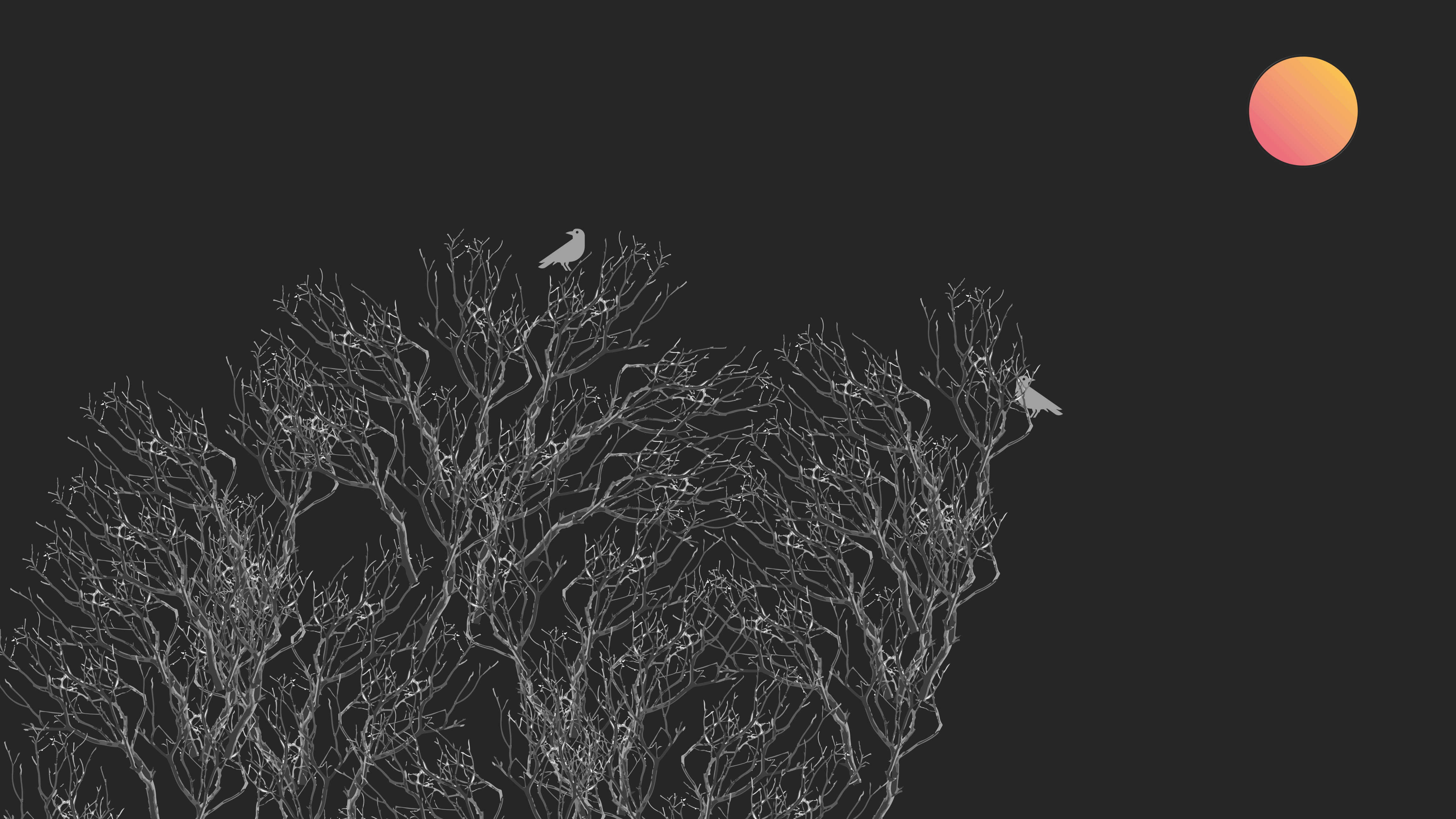 Minimalist vector art of trees and birds with a gradient sun HD Wallpaper