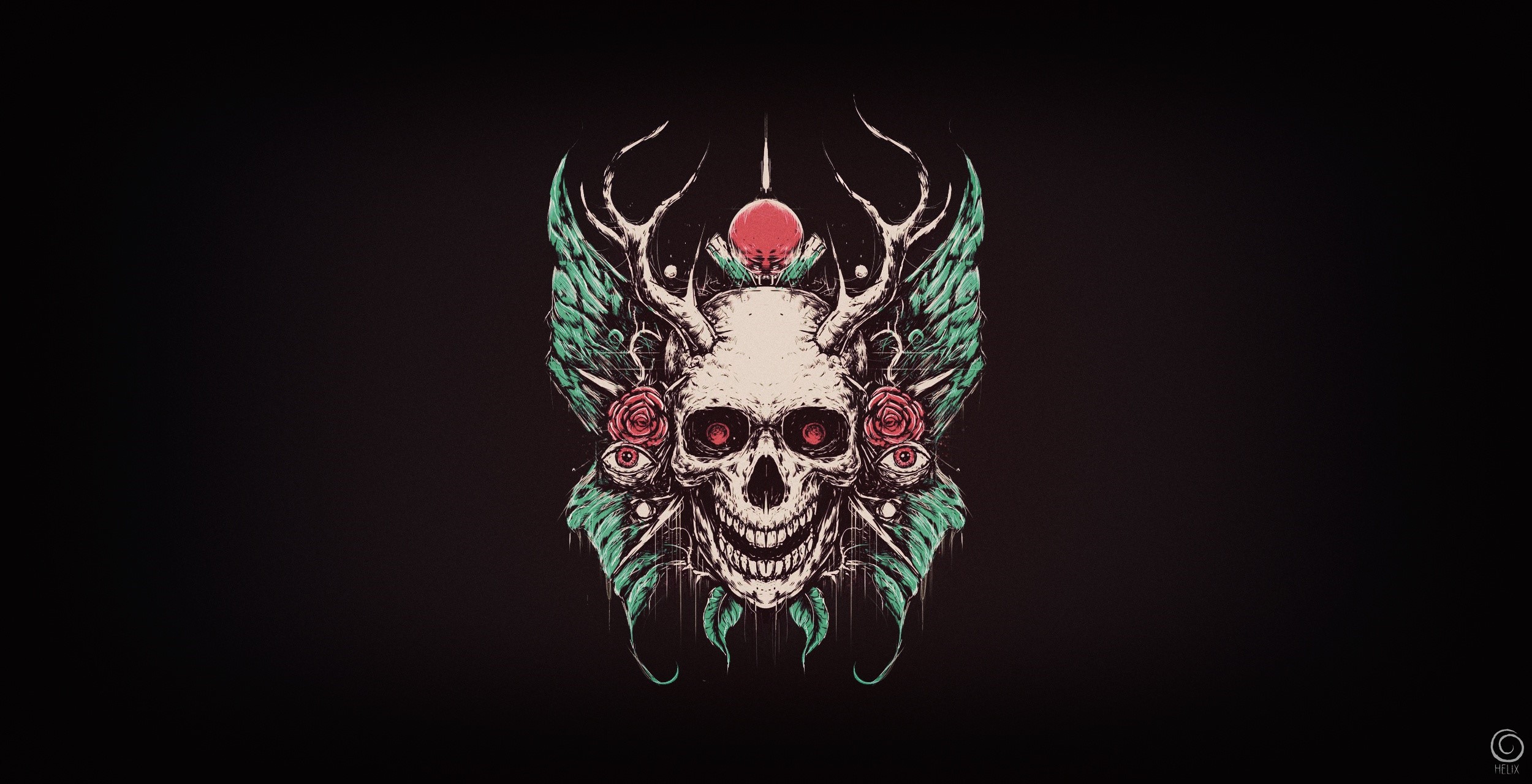 Skull with Antlers and Roses Artwork HD Wallpaper