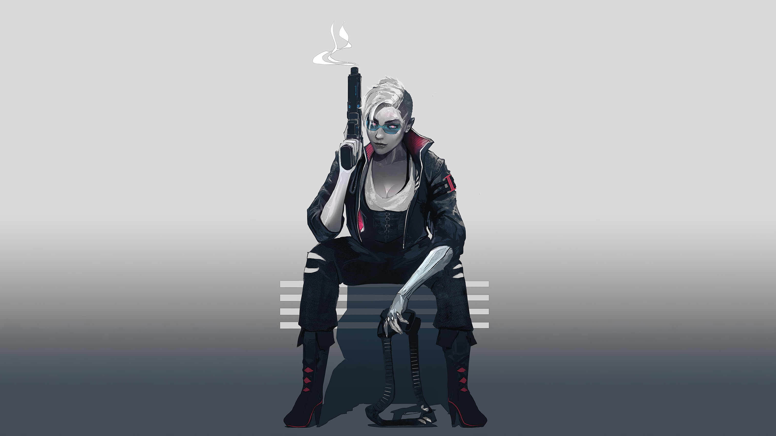 Cyberpunk woman with gun sitting on bench HD Wallpaper