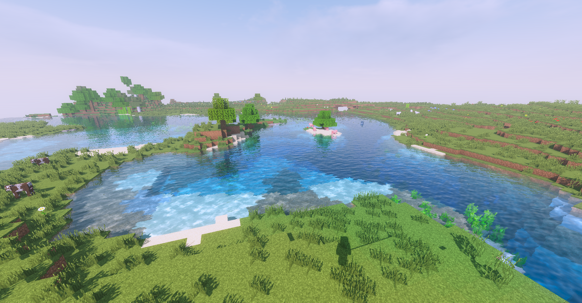 Minecraft landscape with rivers and trees HD Wallpaper