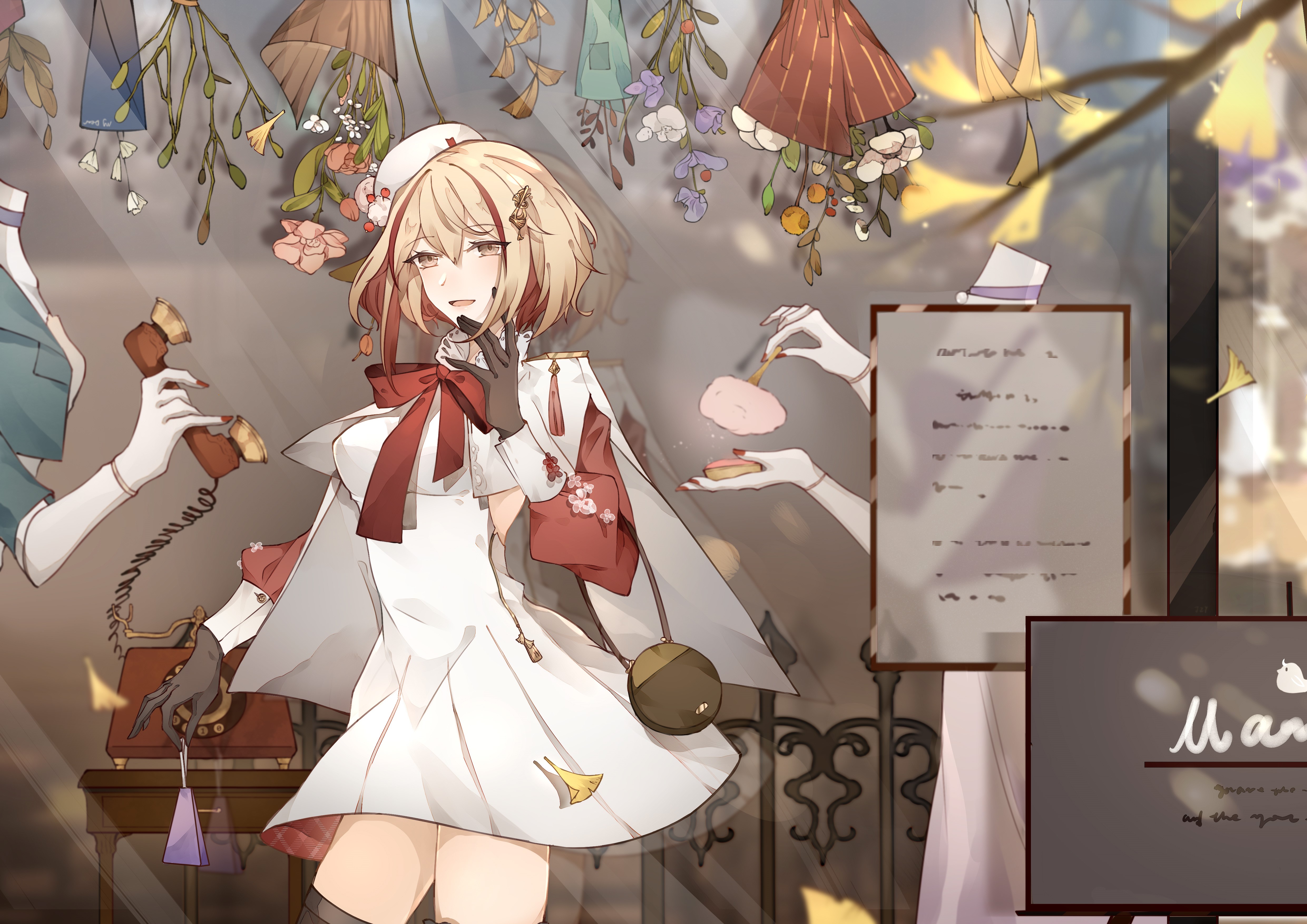 Anime girl in white dress with red accents HD Wallpaper