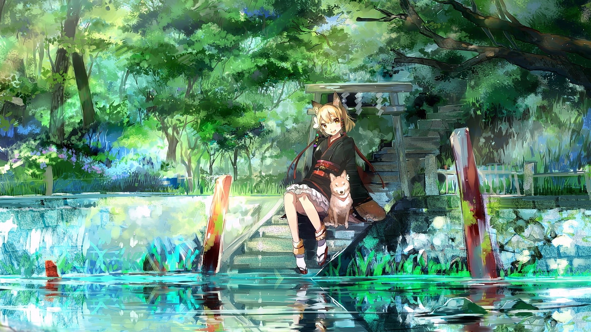 Anime girl with fox ears and a dog by a shrine HD Wallpaper