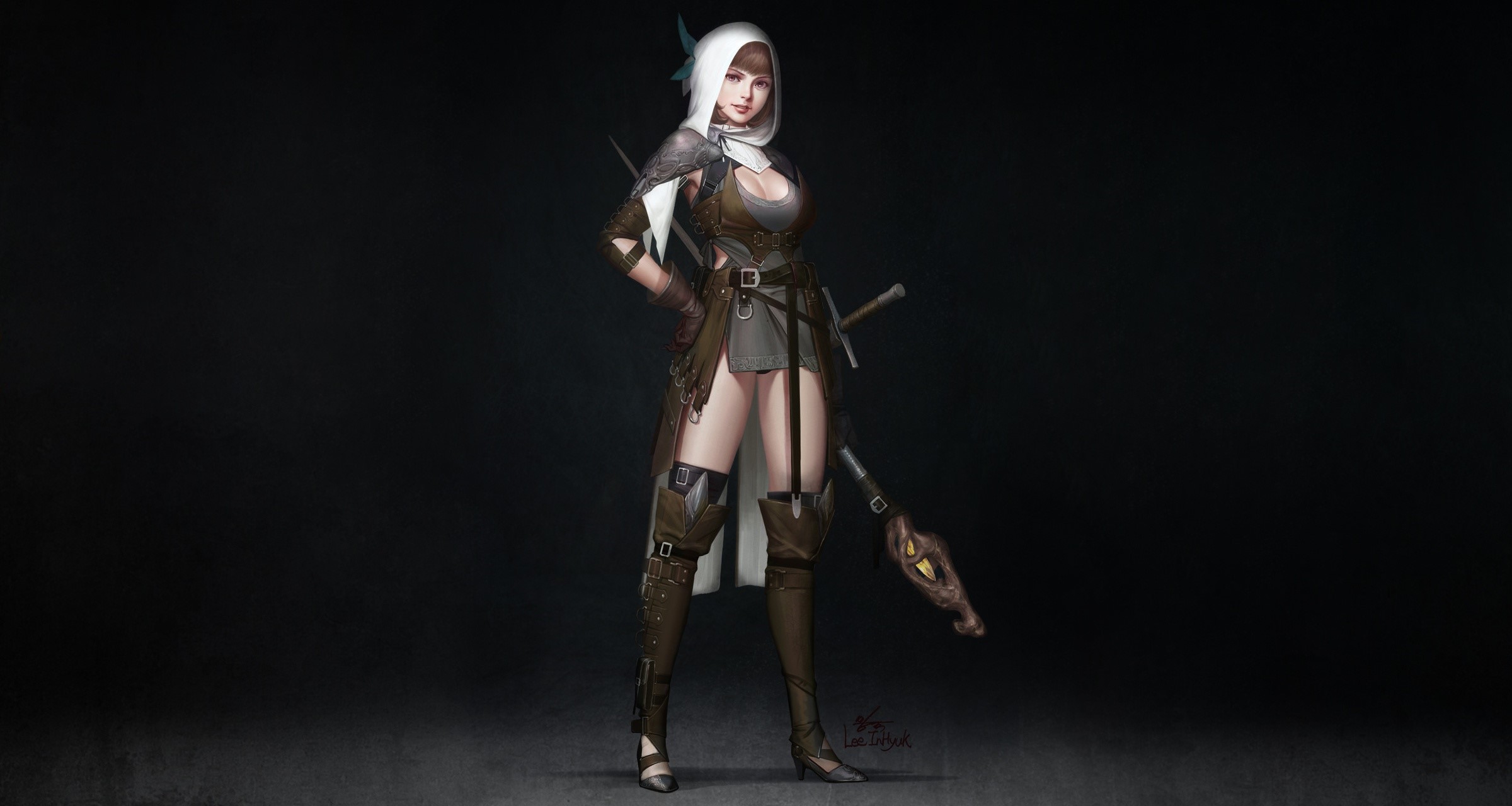 Fantasy girl with sword and staff HD Wallpaper