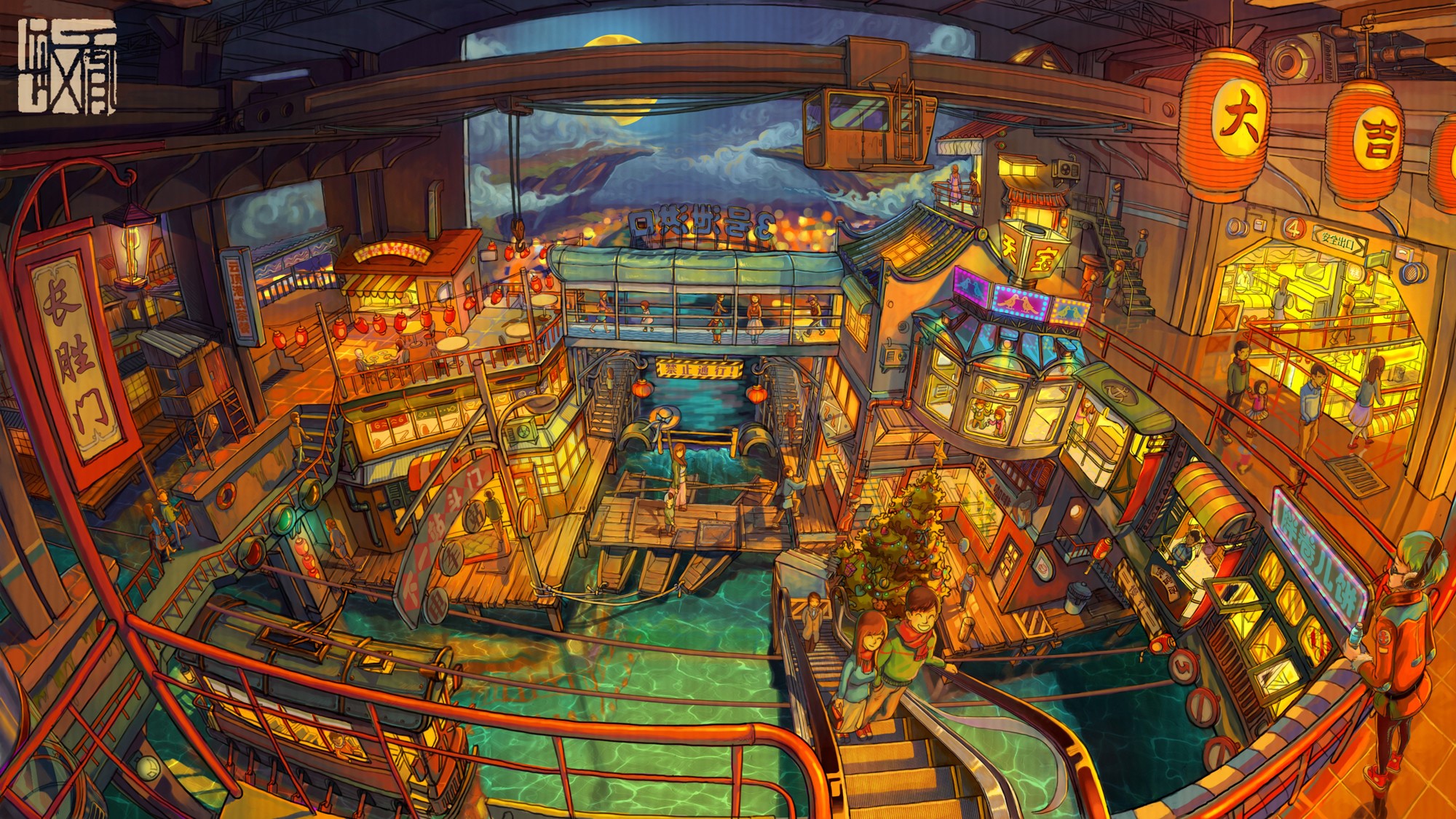 Anime city with canals and shops at night HD Wallpaper