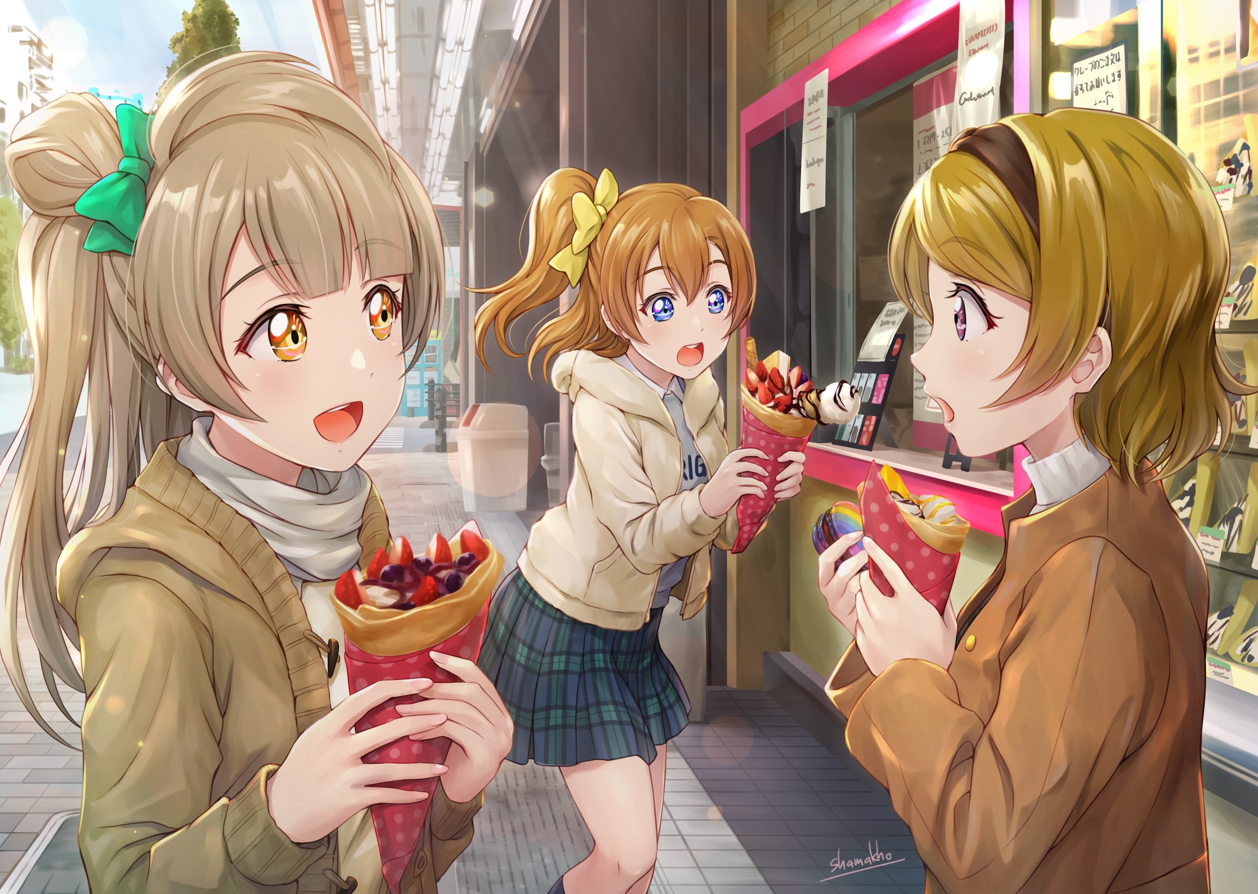 Anime girls eating crepes from Love Live! HD Wallpaper