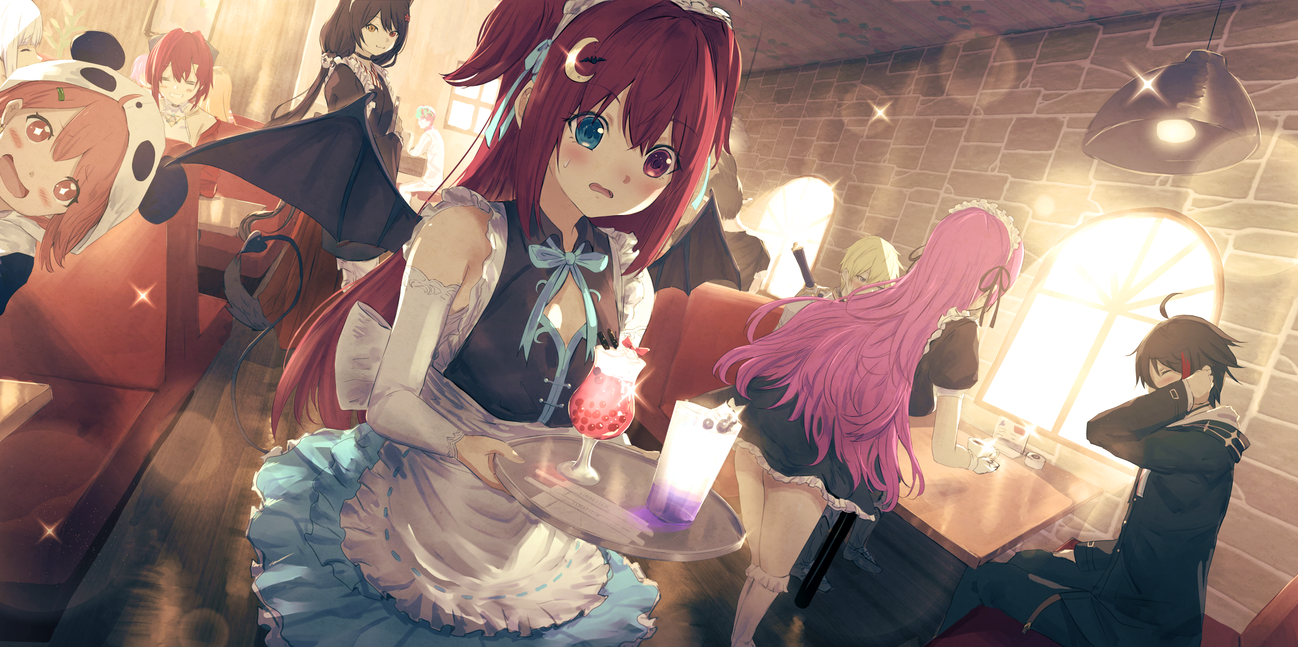 Group of anime girls in a cafe HD Wallpaper