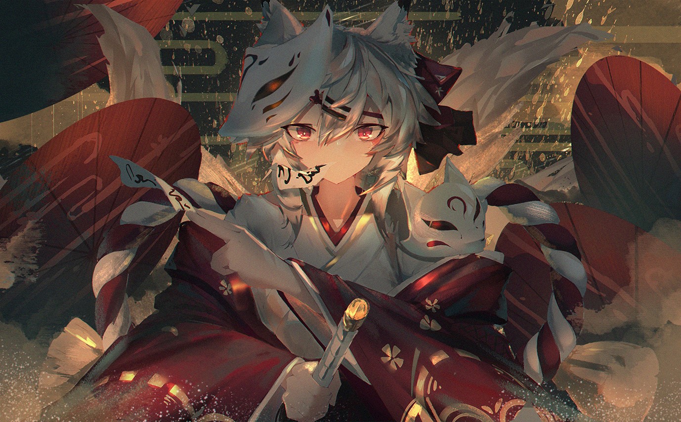 Anime character with fox mask and sword HD Wallpaper