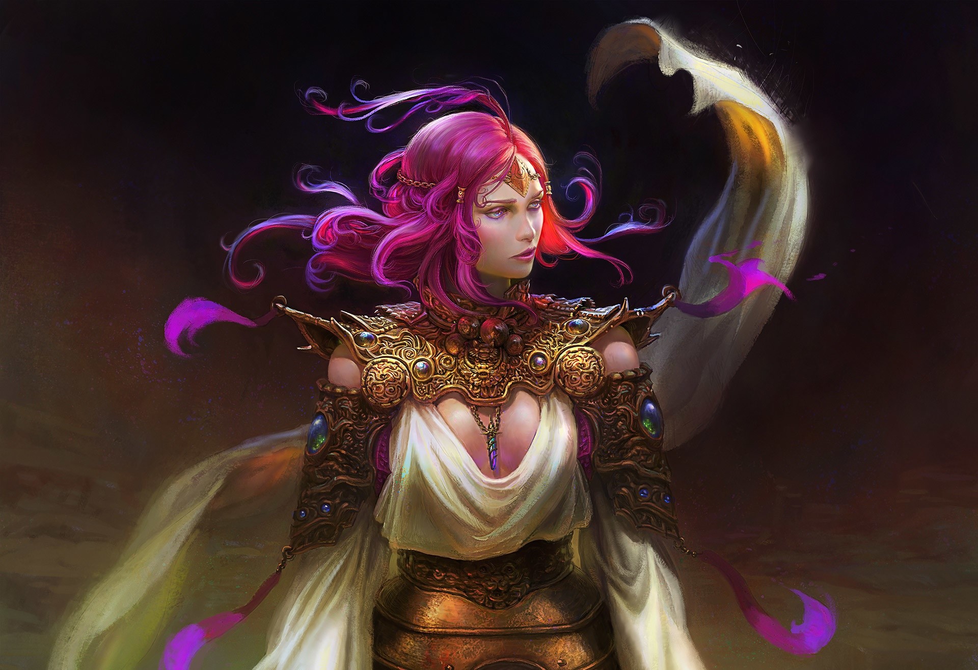 Fantasy art of a woman with pink hair and ornate armor HD Wallpaper