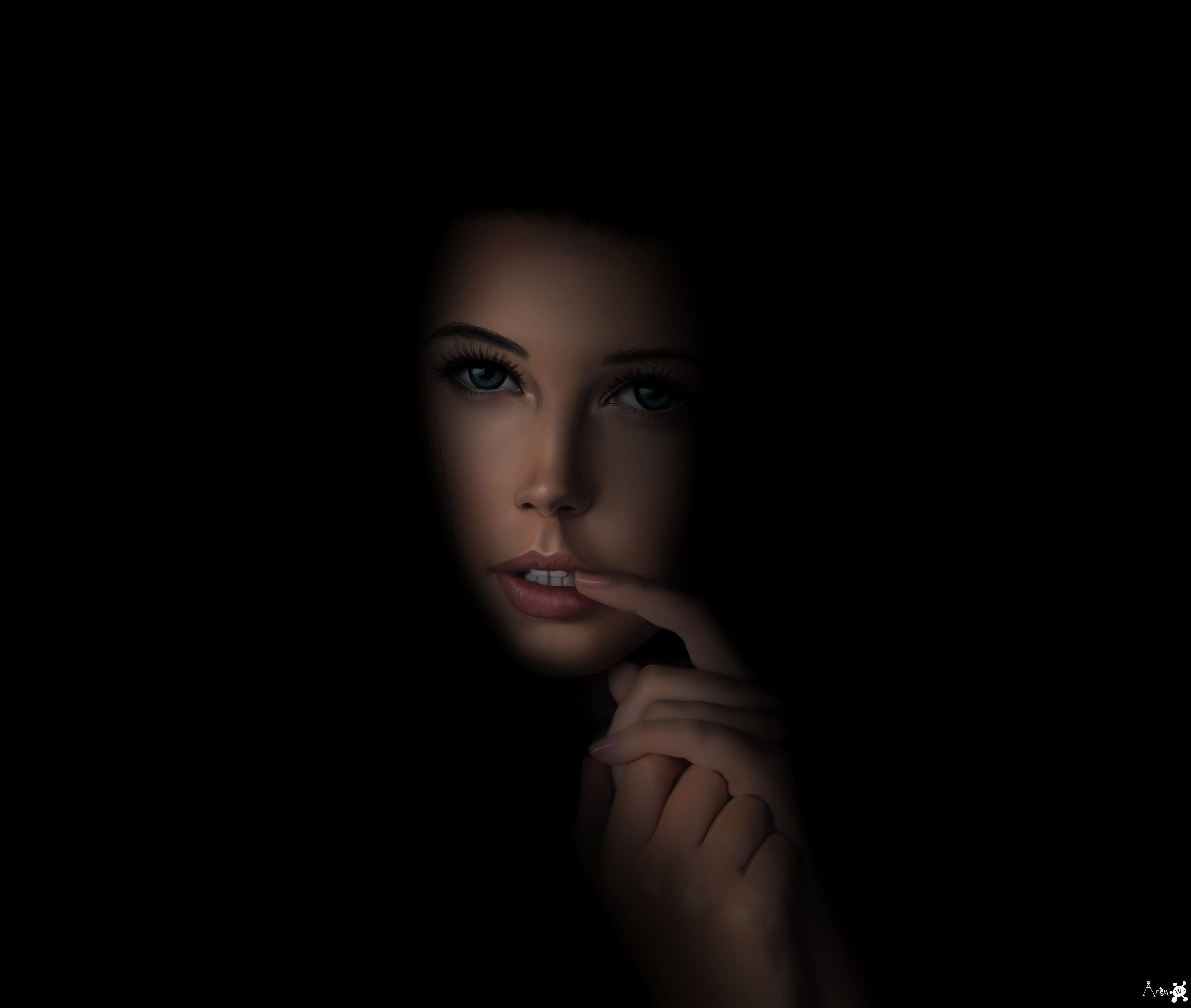 Digital painting of a woman with blue eyes in the dark HD Wallpaper