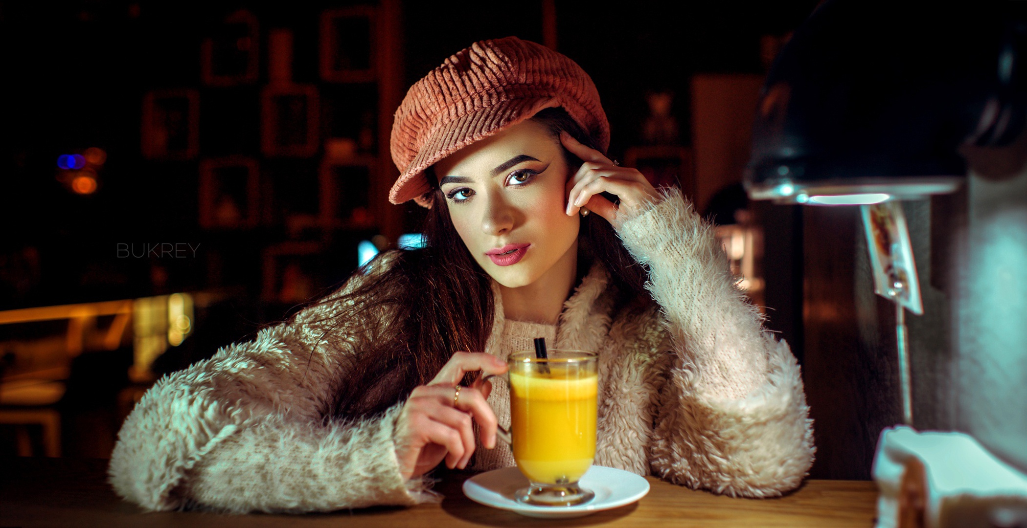 Woman in Hat with Drink HD Wallpaper