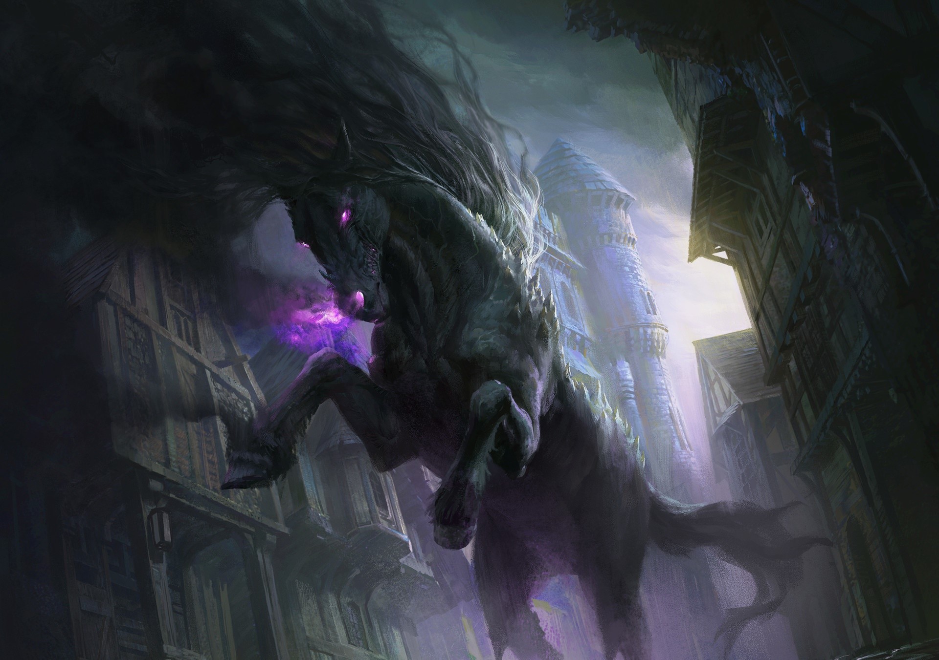 Dark fantasy horse with glowing eyes in a city HD Wallpaper