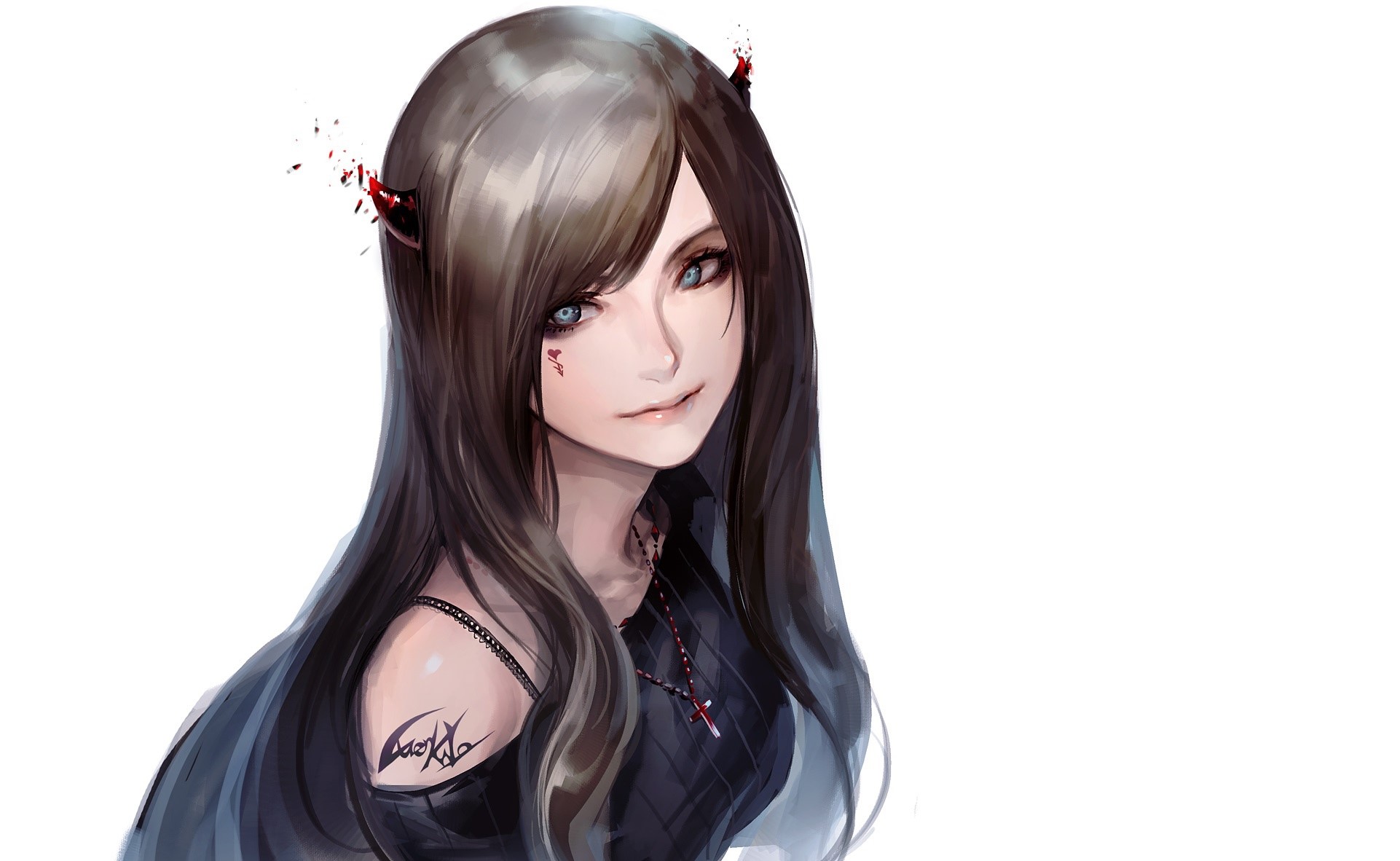 Anime girl with horns and blue eyes HD Wallpaper