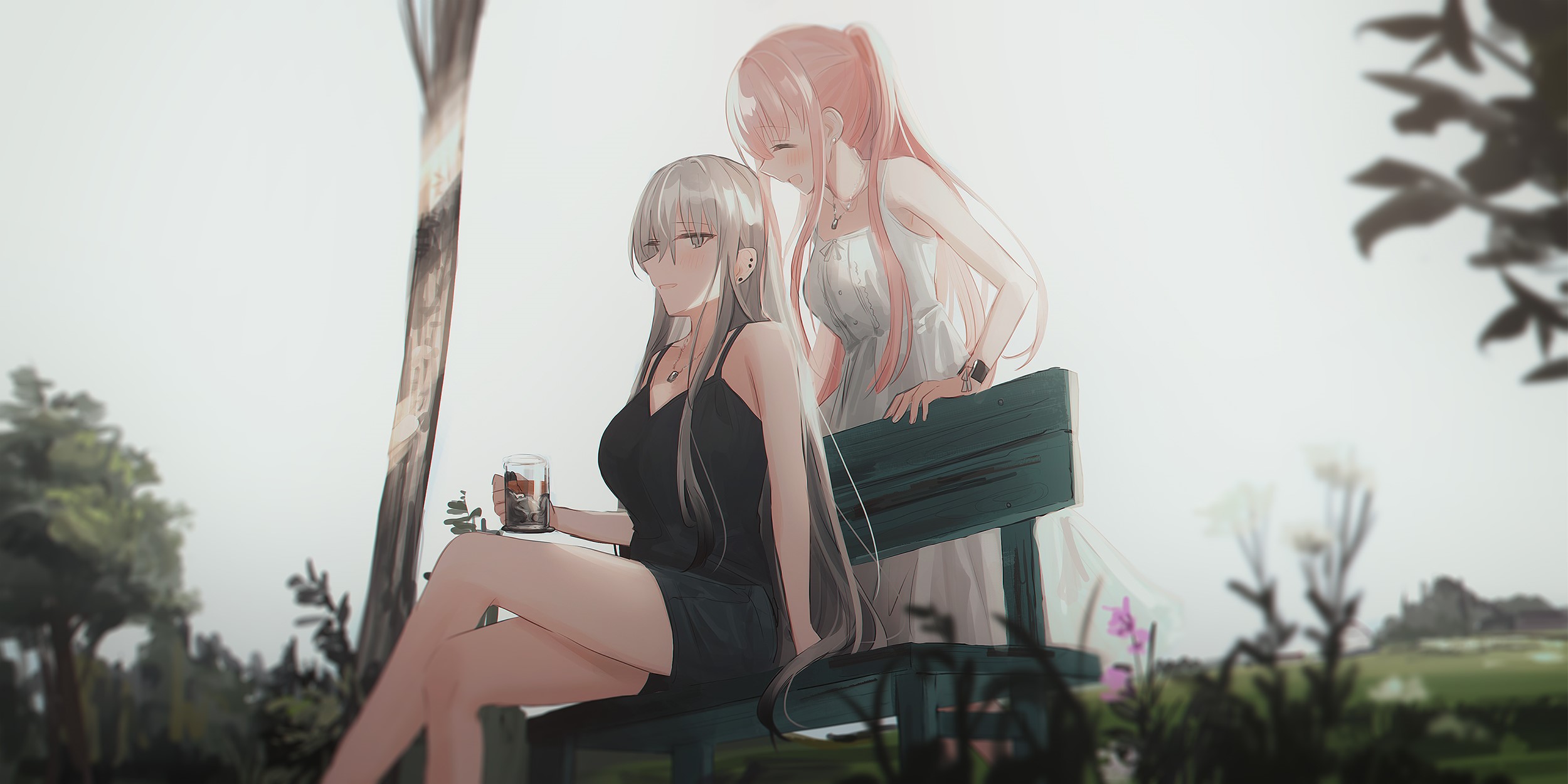 Two anime girls with pink and white hair sitting on a bench HD Wallpaper