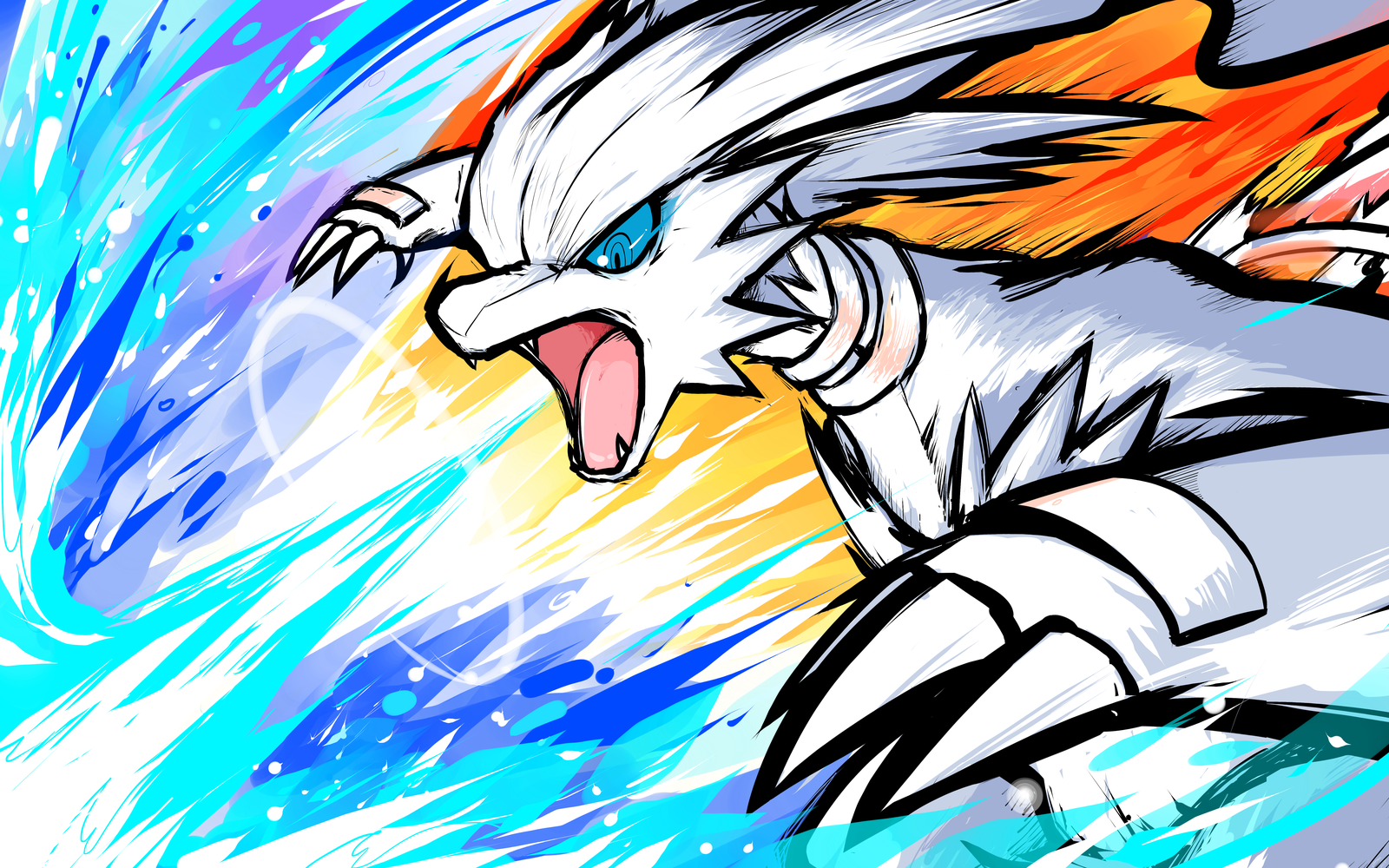 Reshiram from Pokémon with blue and orange energy HD Wallpaper