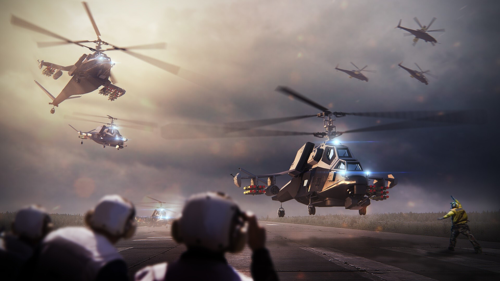 Military helicopters in formation over a runway HD Wallpaper