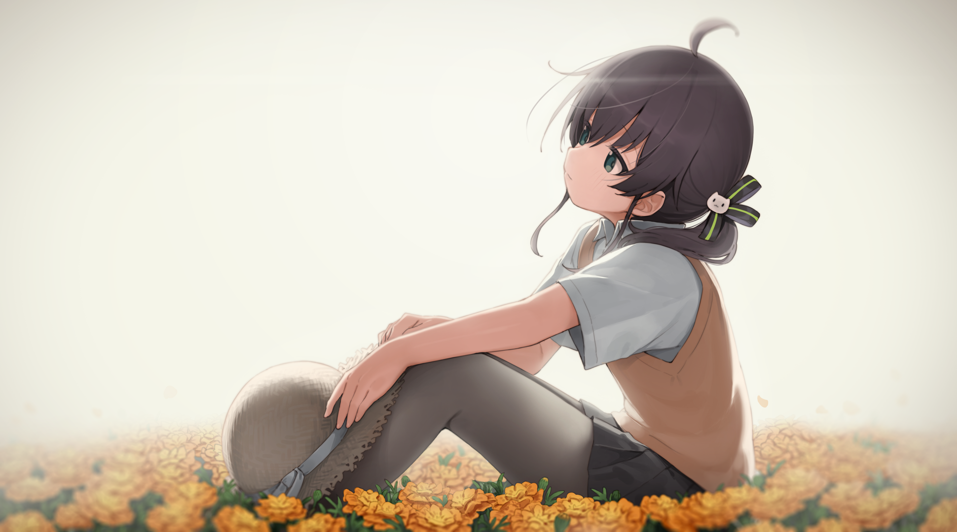 Anime girl sitting in a field of orange flowers HD Wallpaper
