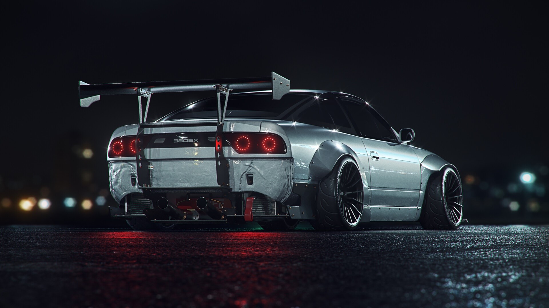 Nissan 360SX widebody with a large rear wing at night HD Wallpaper