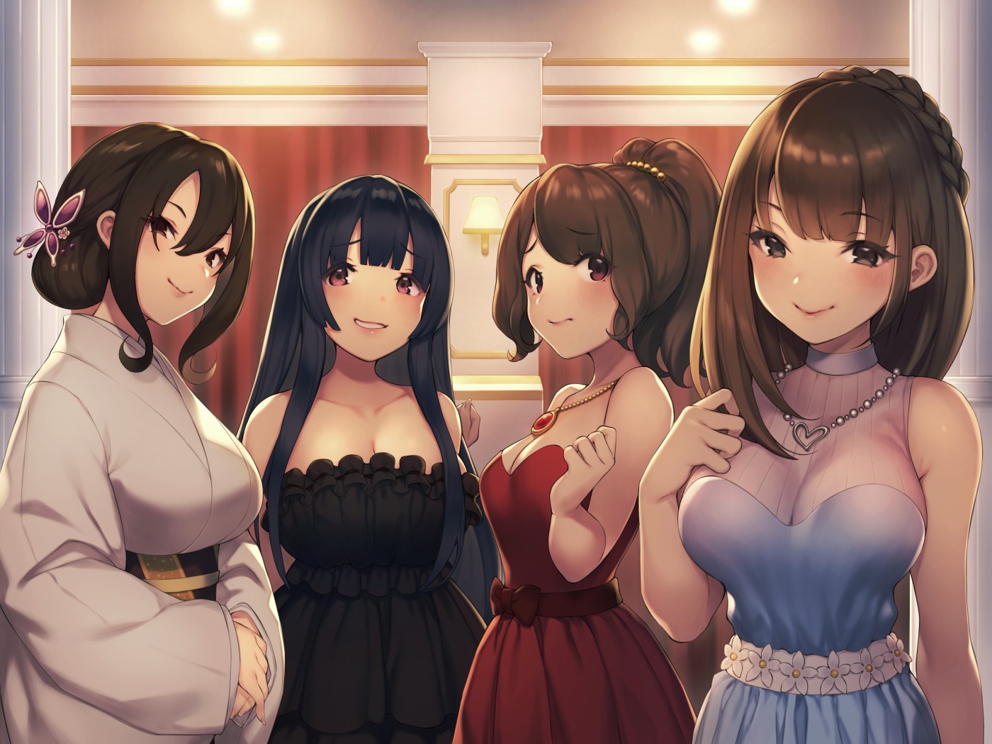 Four anime girls in formal attire HD Wallpaper