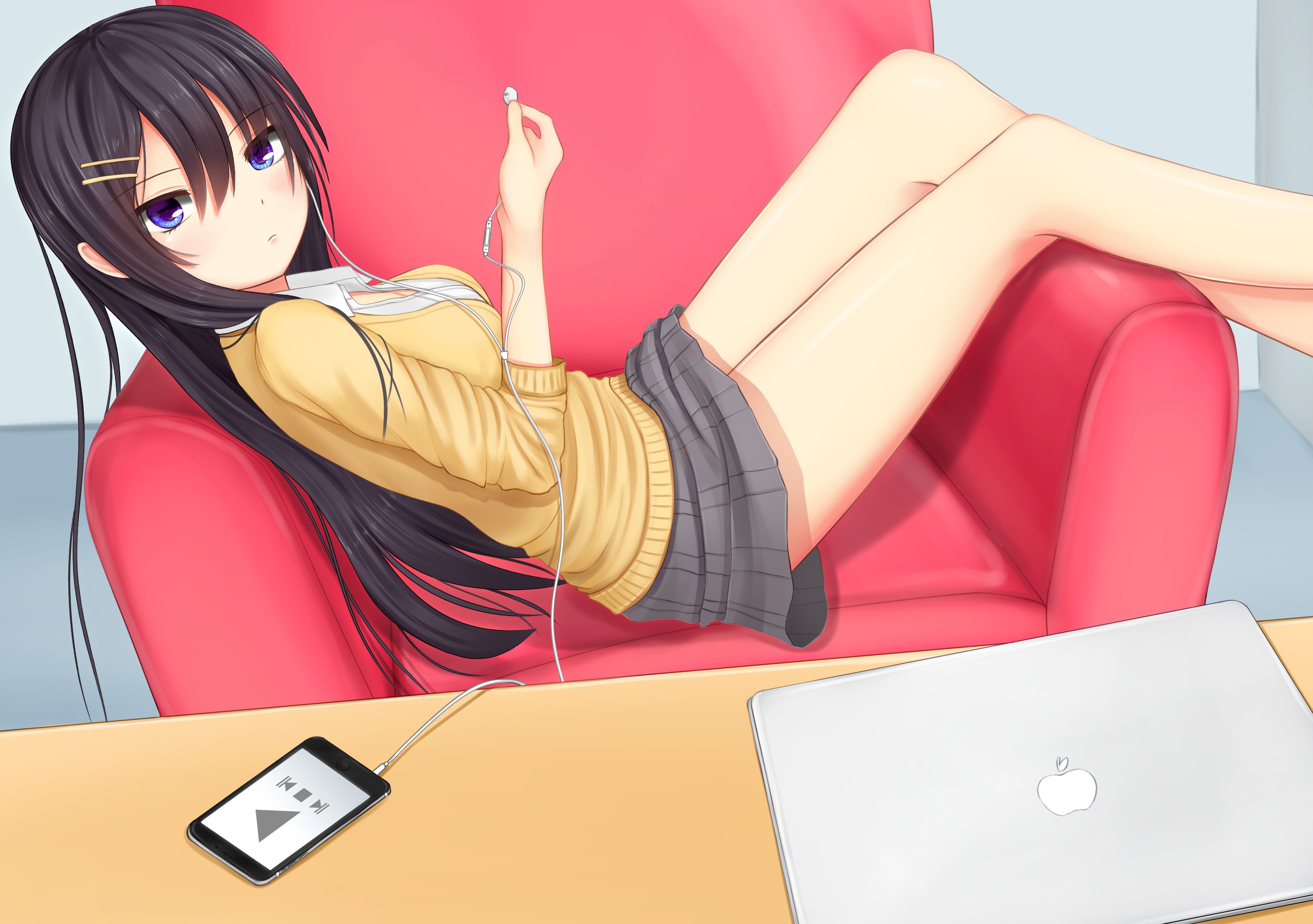 Anime girl with earphones and laptop HD Wallpaper