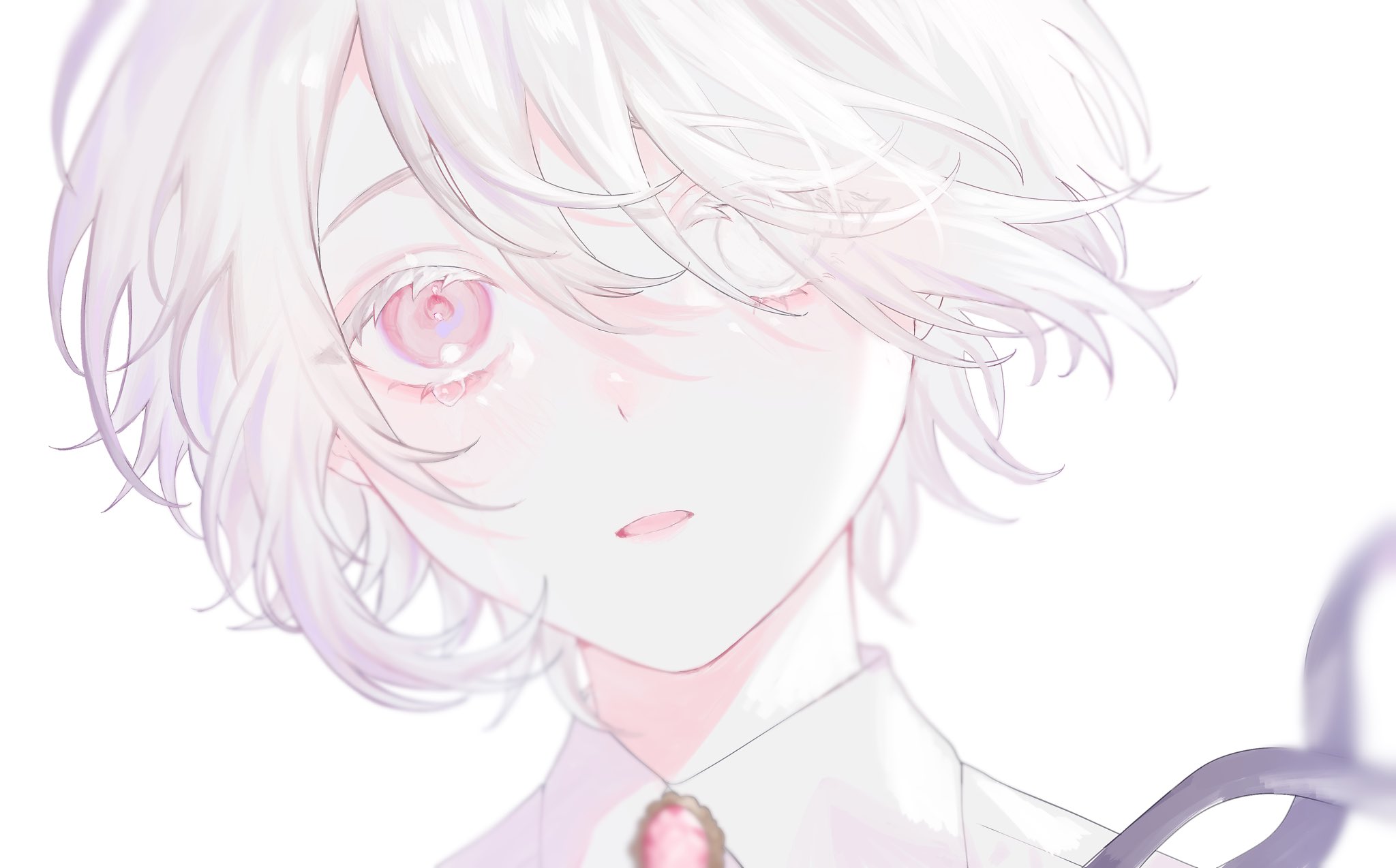 Anime boy with short white hair and pink eyes HD Wallpaper