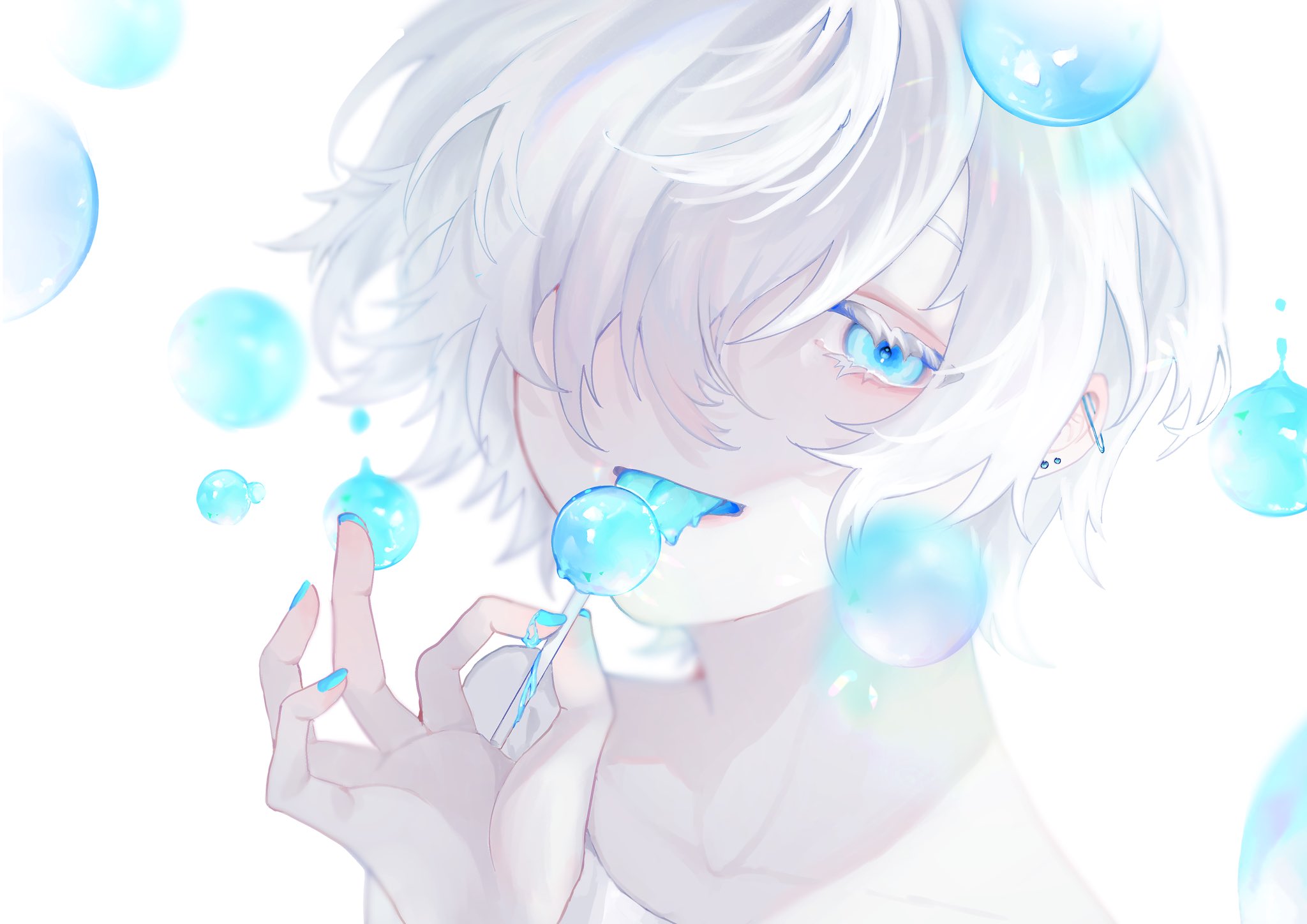 Boy with white hair and blue eyes eating a lollipop HD Wallpaper
