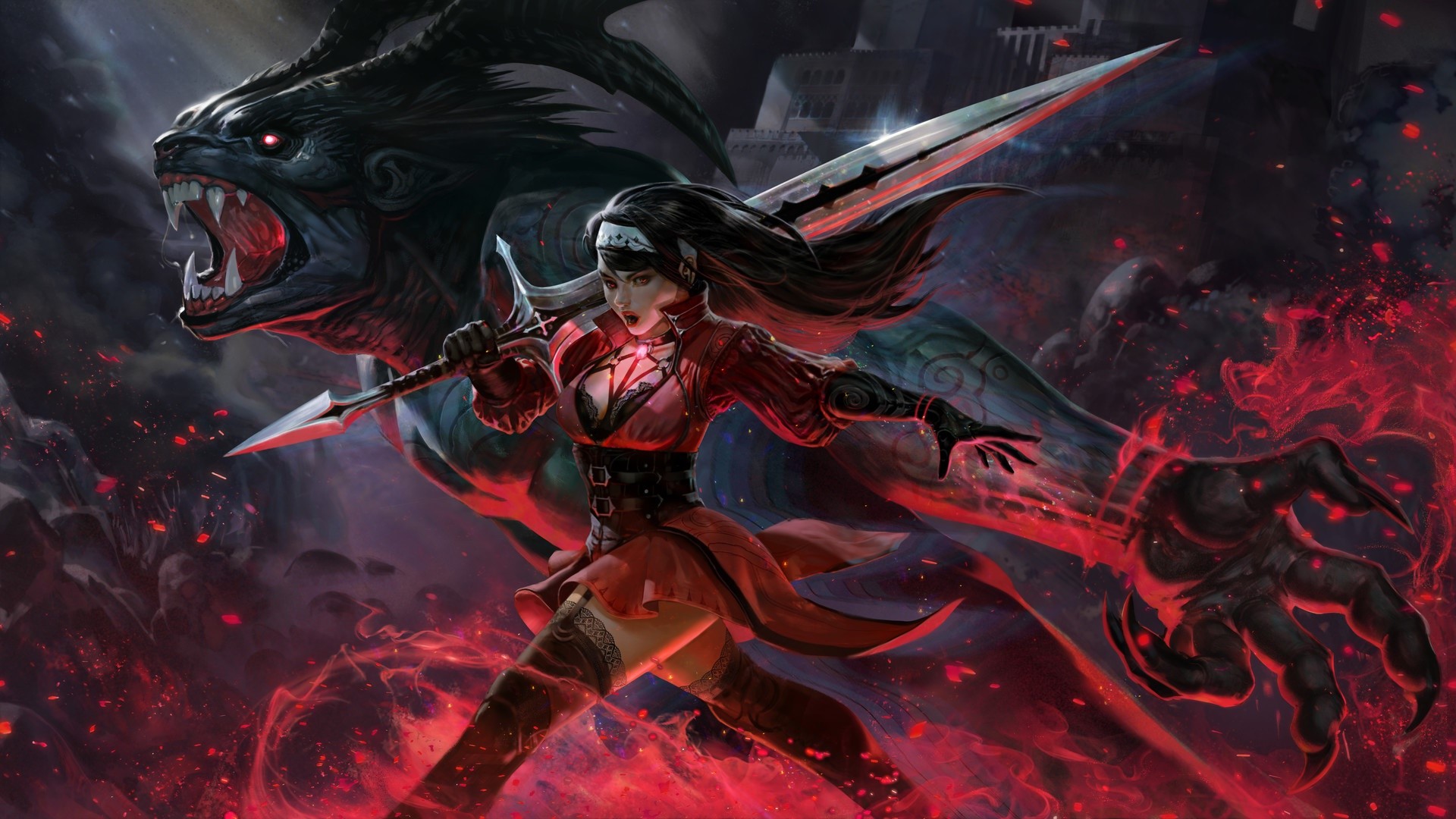 Fantasy girl with sword and dragon creature HD Wallpaper