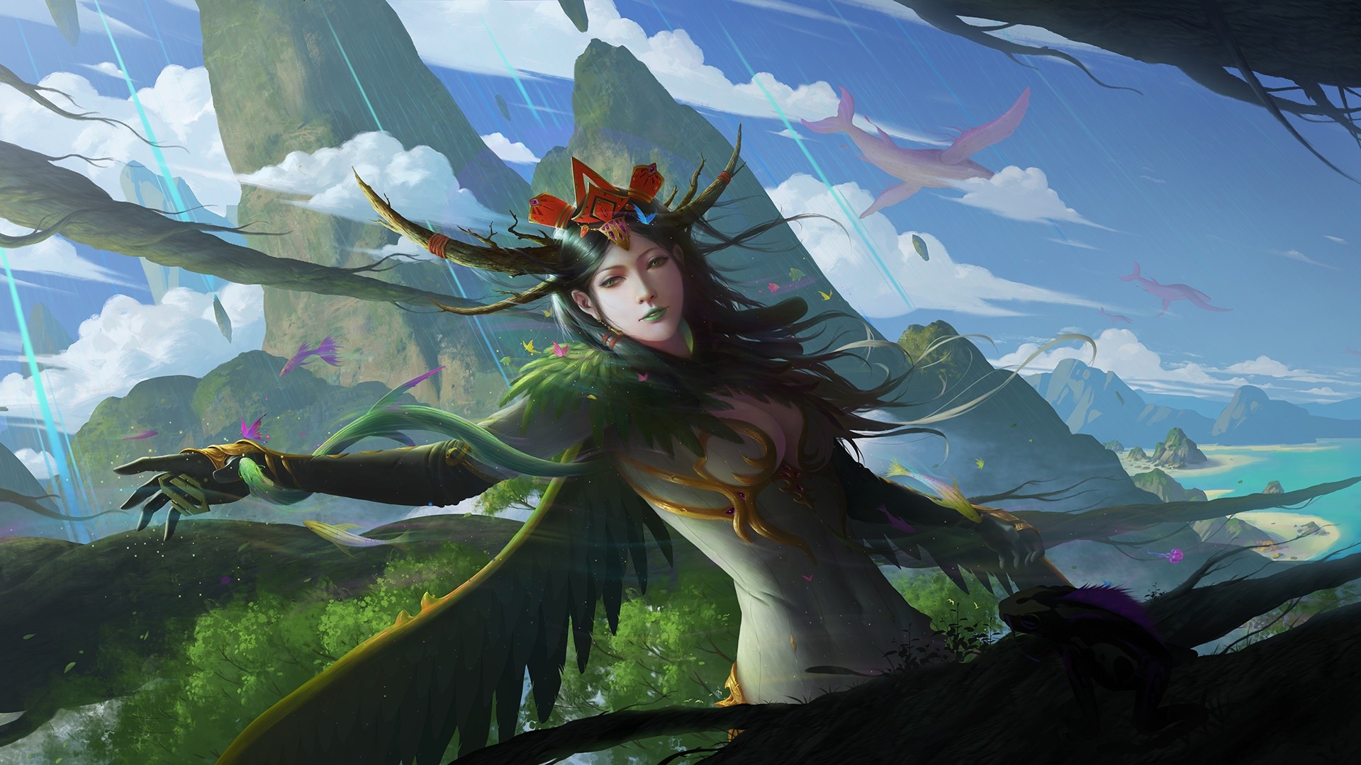 Fantasy girl with antlers and wings in a magical landscape HD Wallpaper