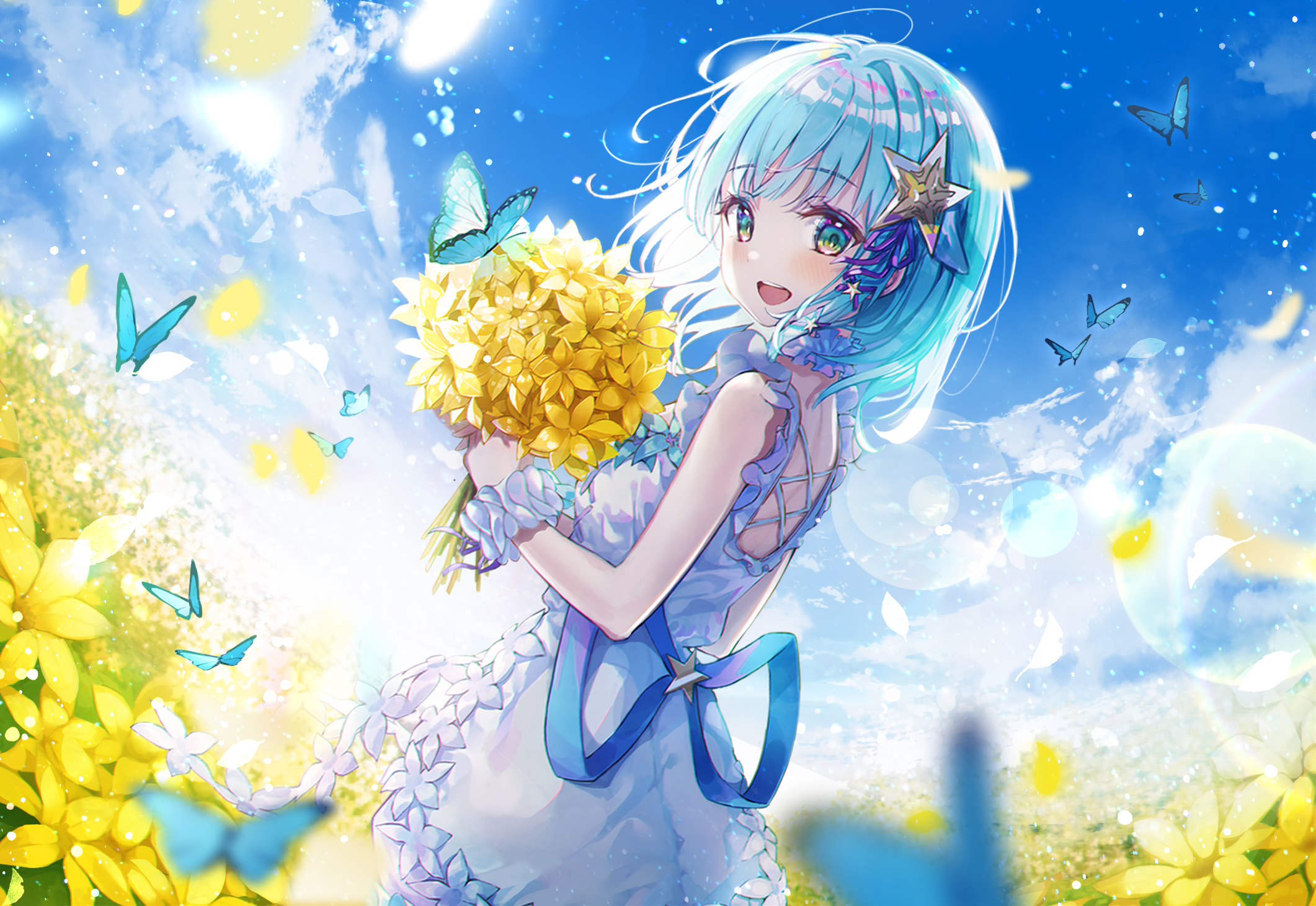 Girl with Aqua Hair and Yellow Flowers with Butterflies HD Wallpaper