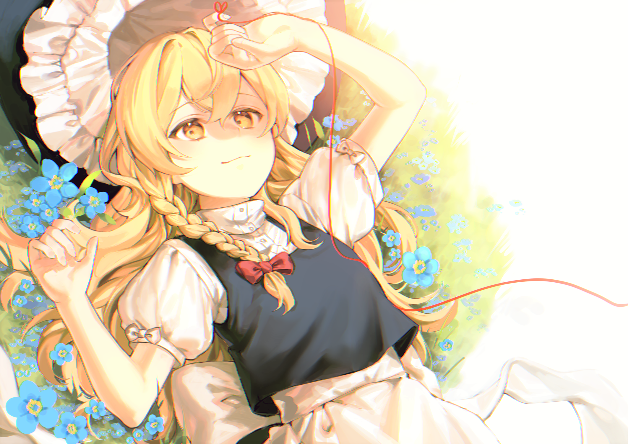 Marisa Kirisame lying in a field of blue flowers HD Wallpaper