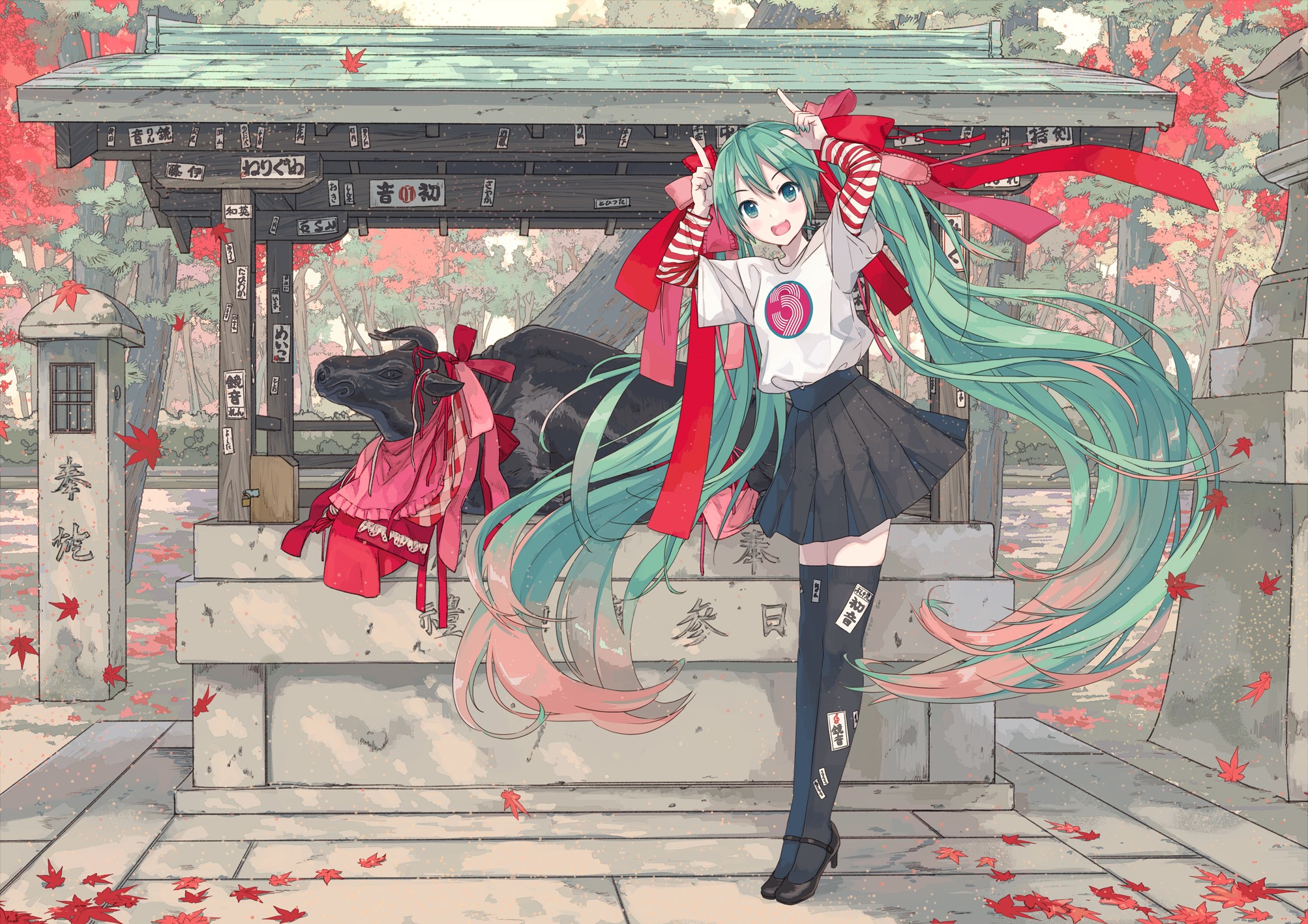 Hatsune Miku at a Japanese Shrine with a Bull Statue HD Wallpaper
