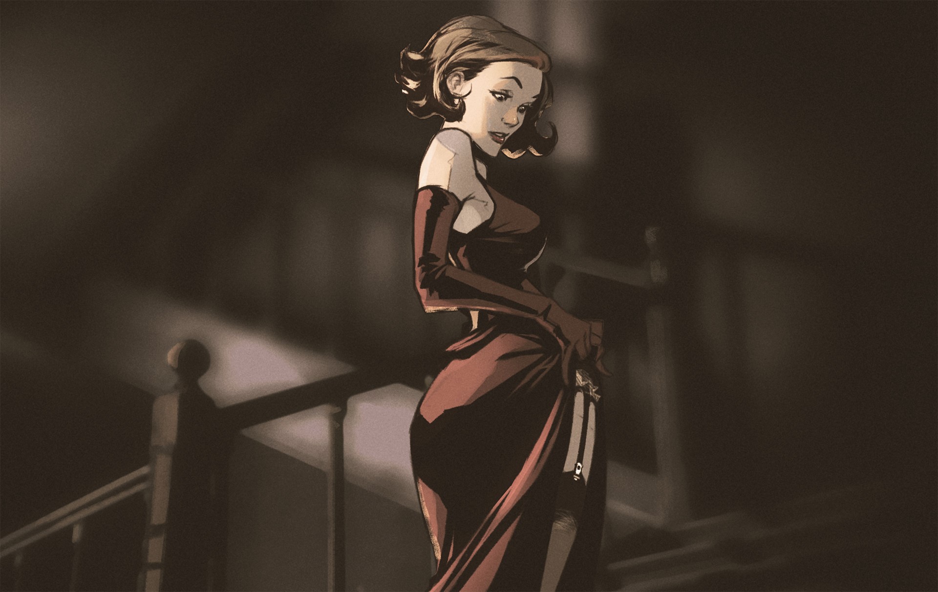 Woman in red dress on stairs by Nabetse Zitro HD Wallpaper
