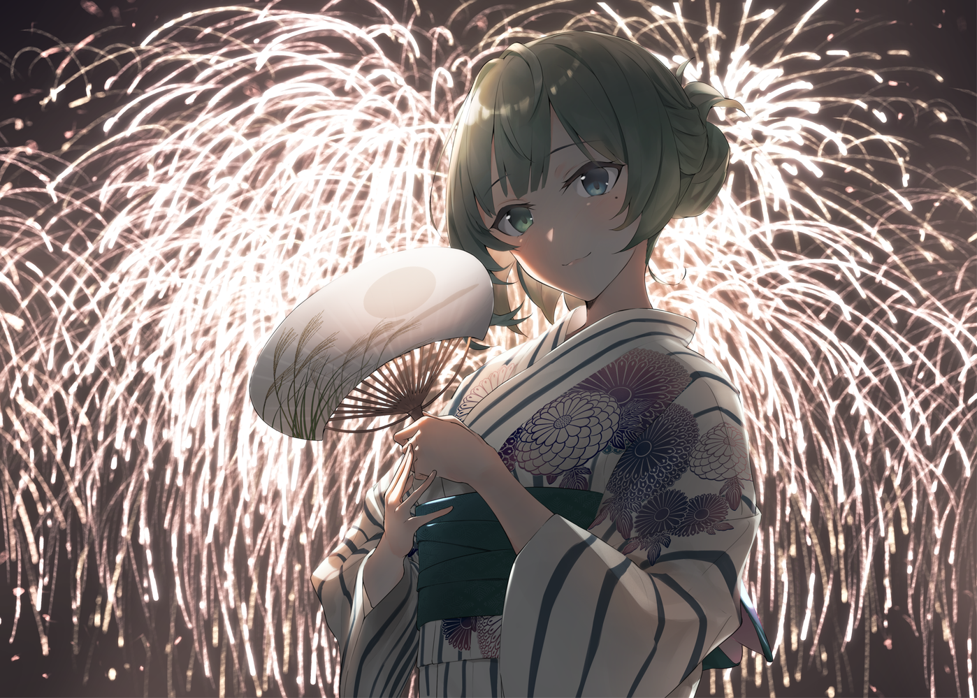 Anime girl in yukata holding a fan with fireworks HD Wallpaper