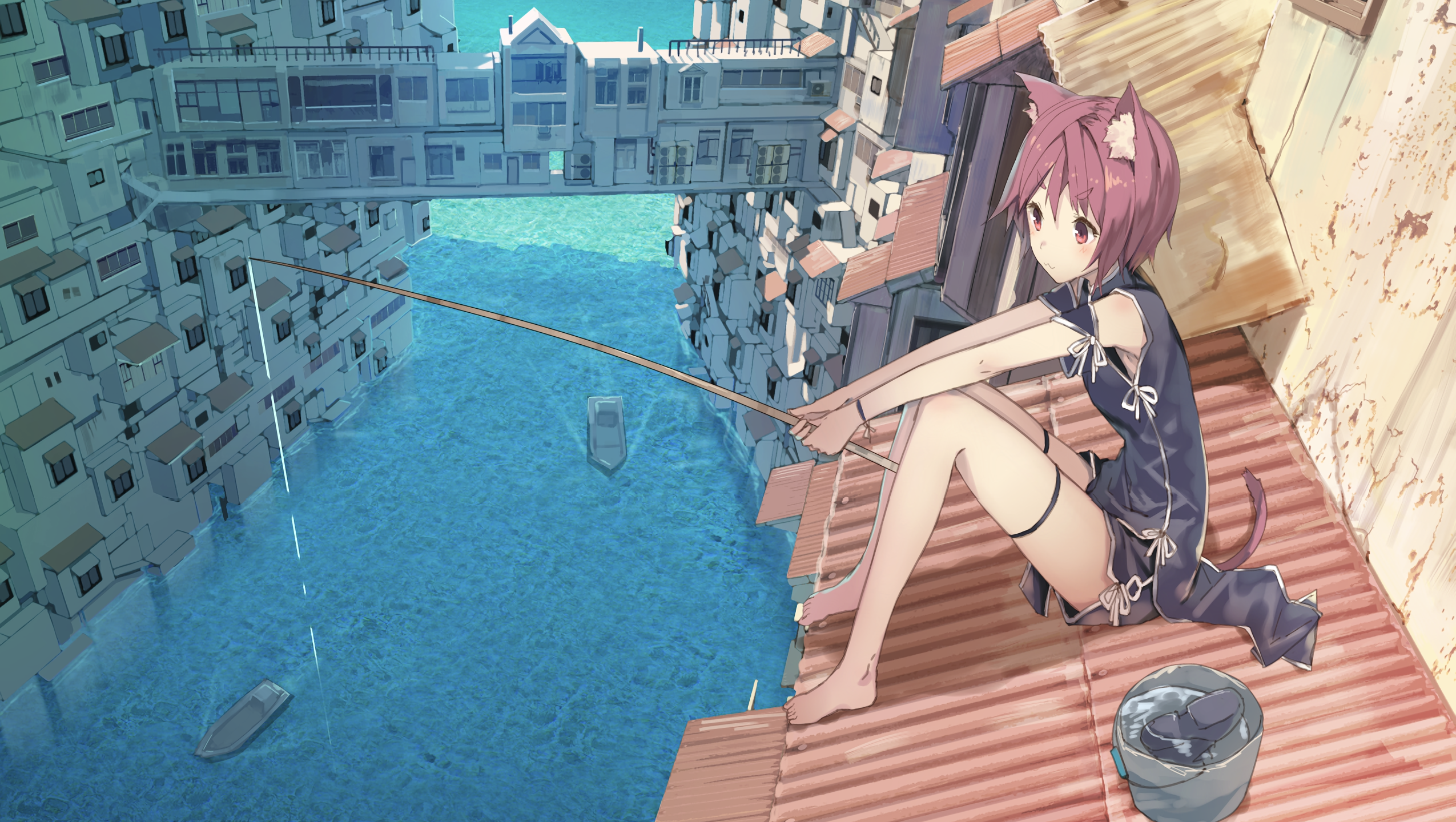Anime girl with cat ears fishing from rooftops HD Wallpaper