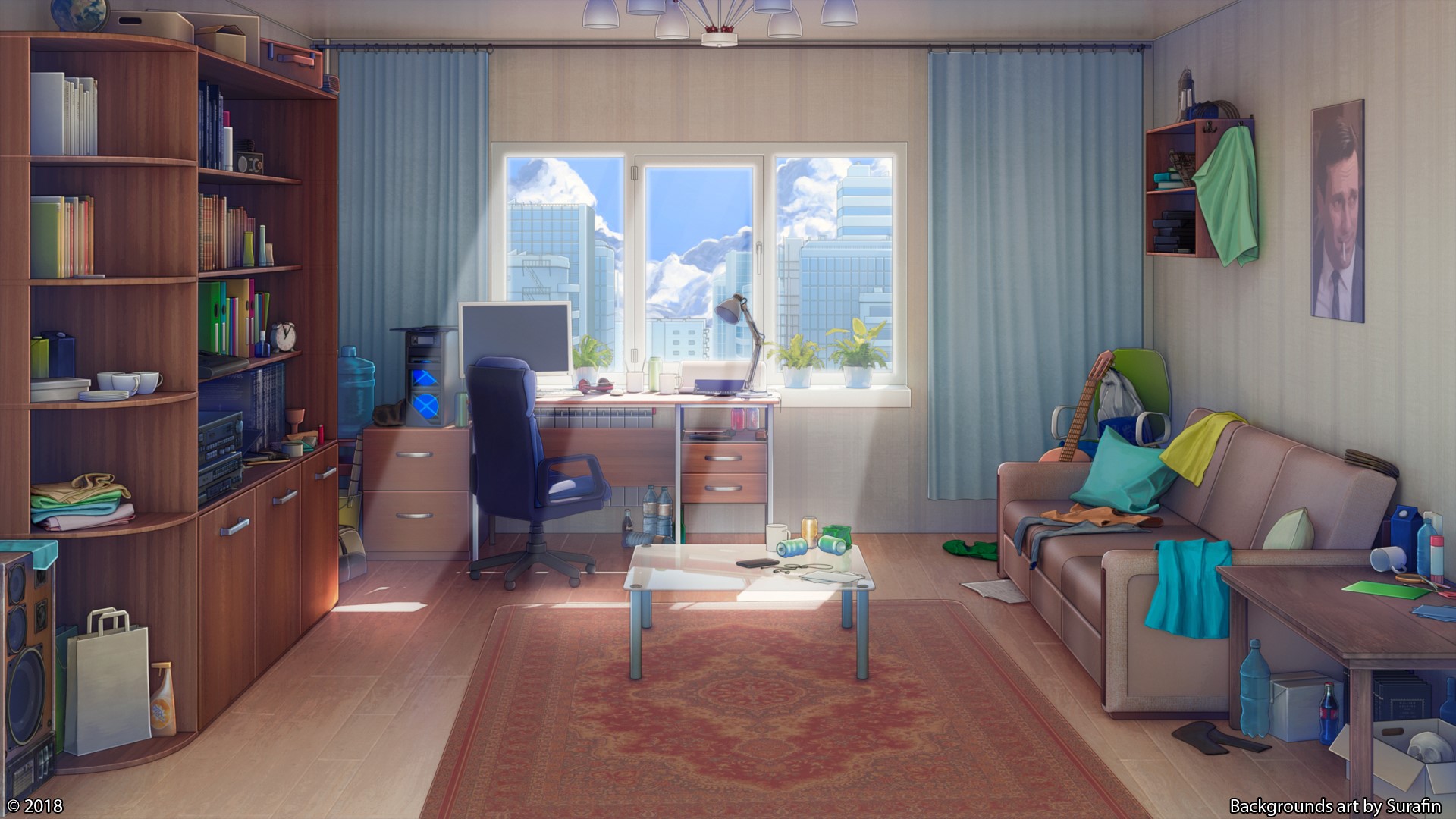 Anime room interior with a desk and couch HD Wallpaper
