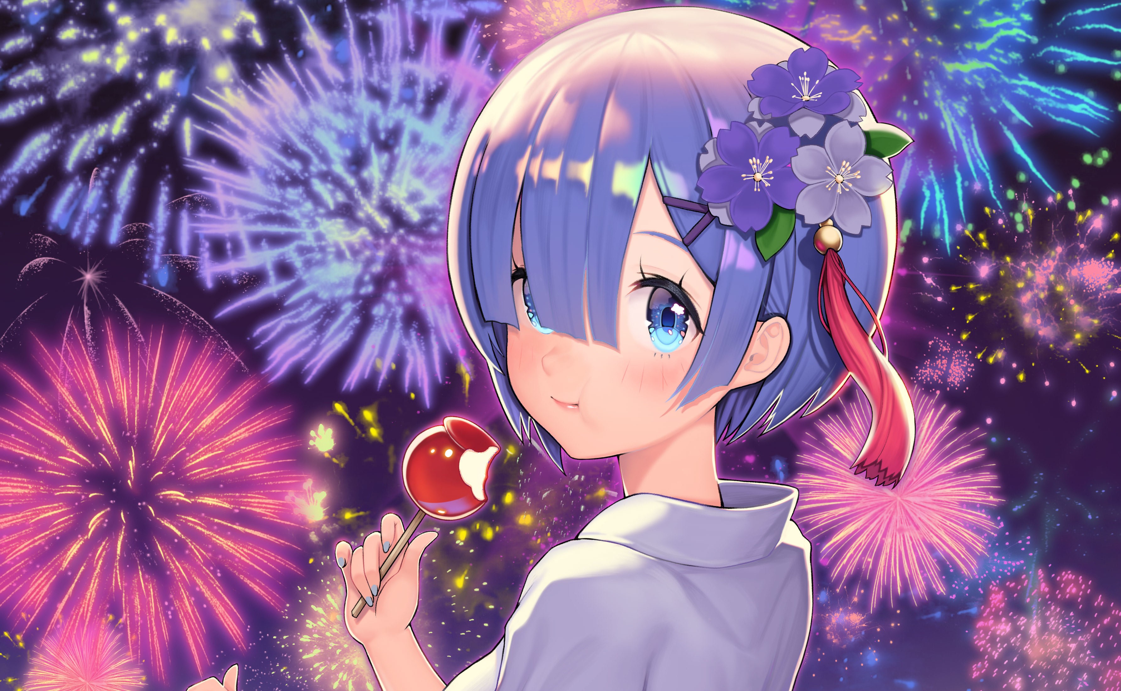 Rem from Re:Zero eating candy apple with fireworks HD Wallpaper