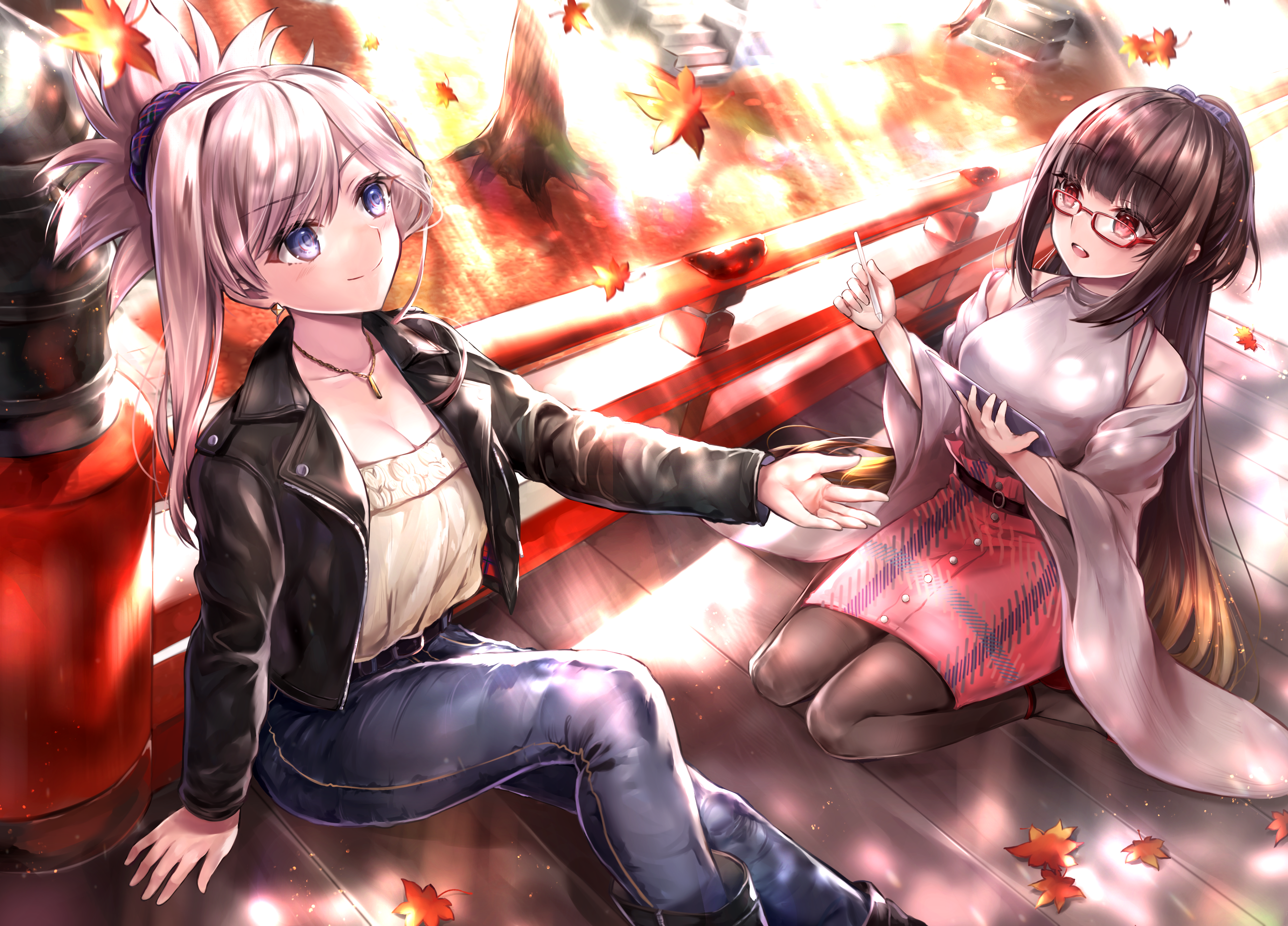 Two anime girls sitting on a wooden platform with autumn leaves HD Wallpaper