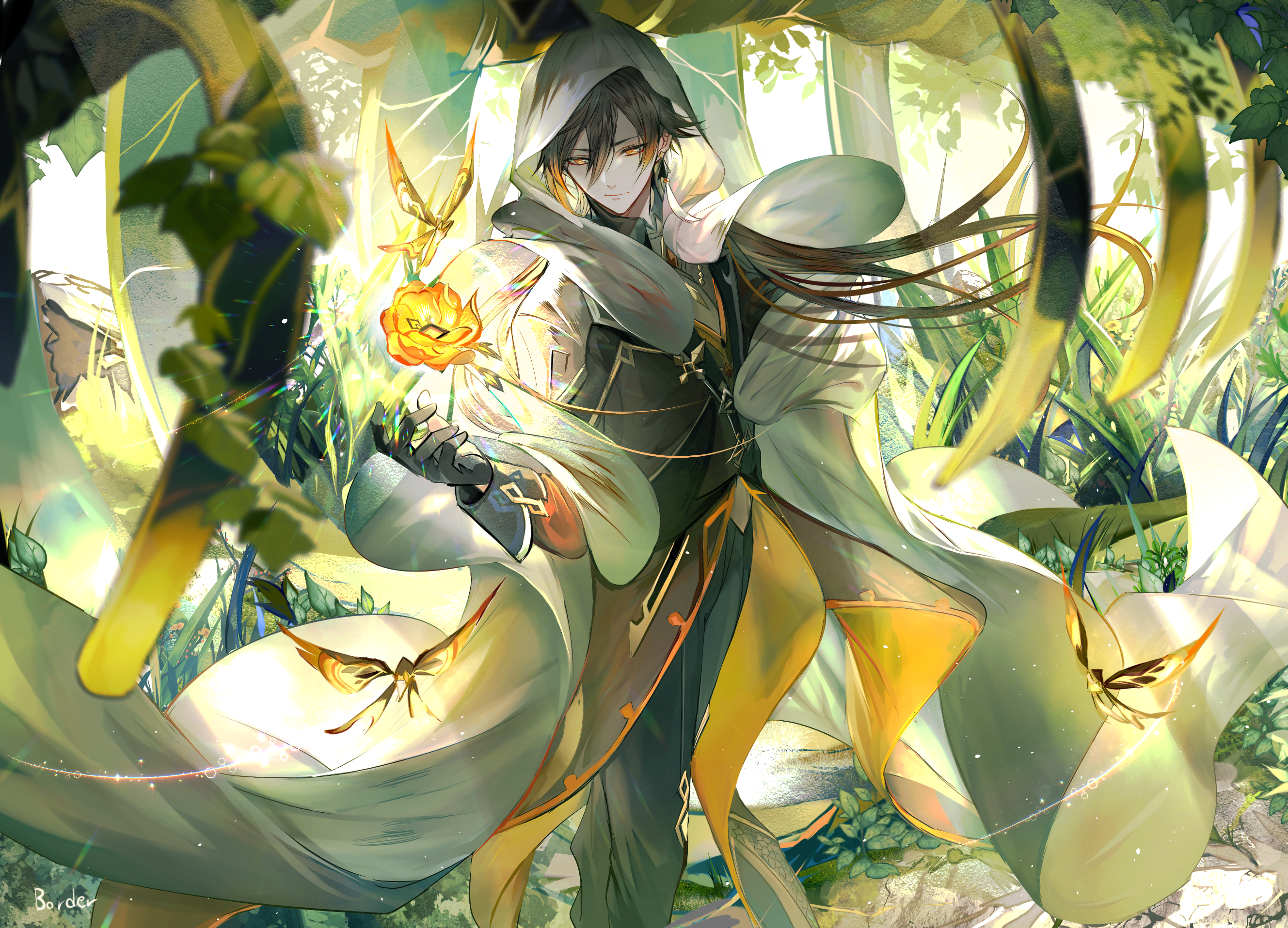 Zhongli holding a glowing flower with butterflies HD Wallpaper