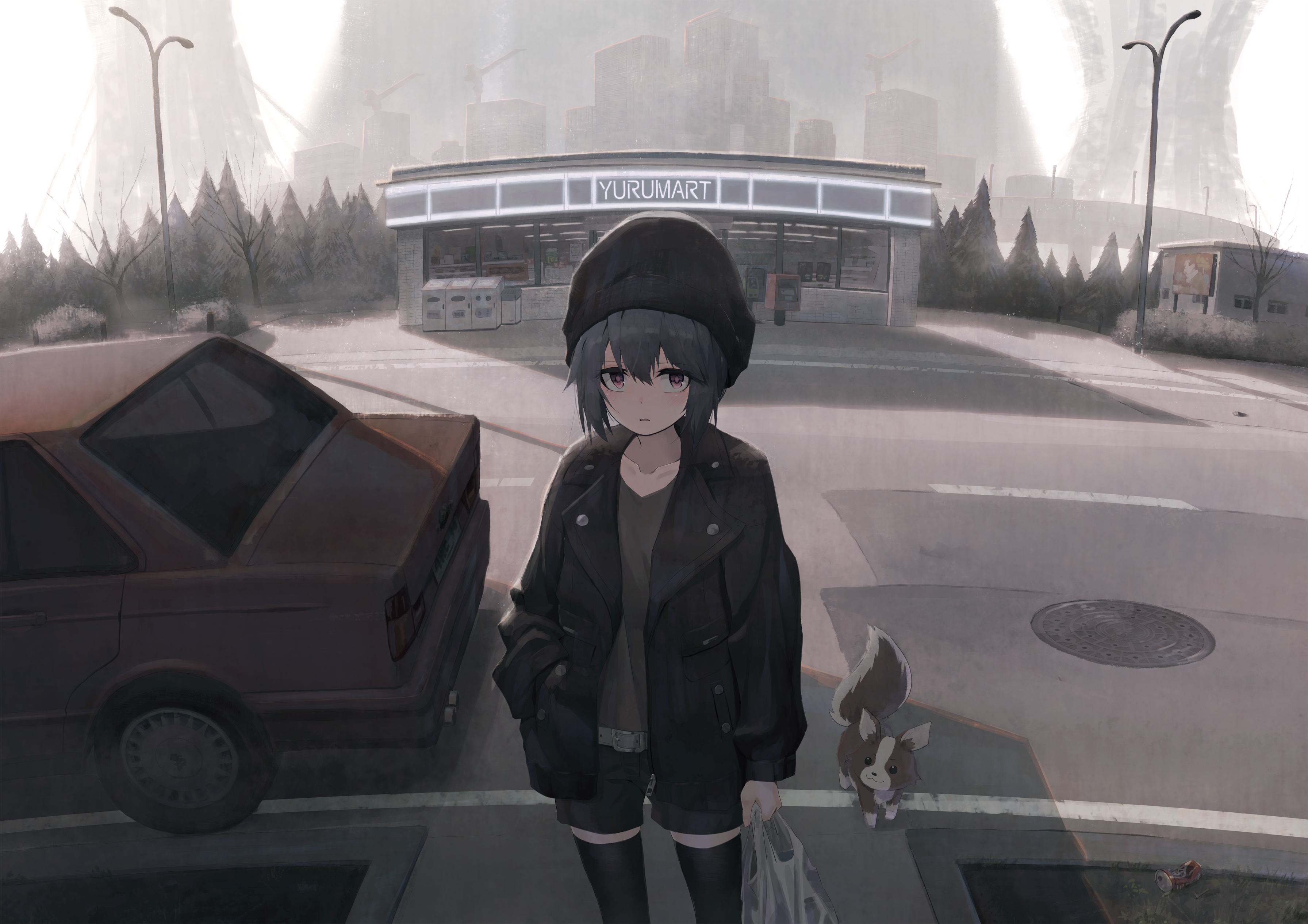 Anime girl and creature in front of YURUMART HD Wallpaper