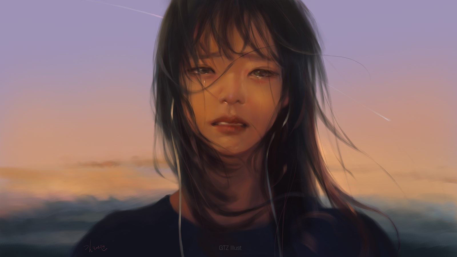 Portrait of a crying woman with earphones at sunset HD Wallpaper