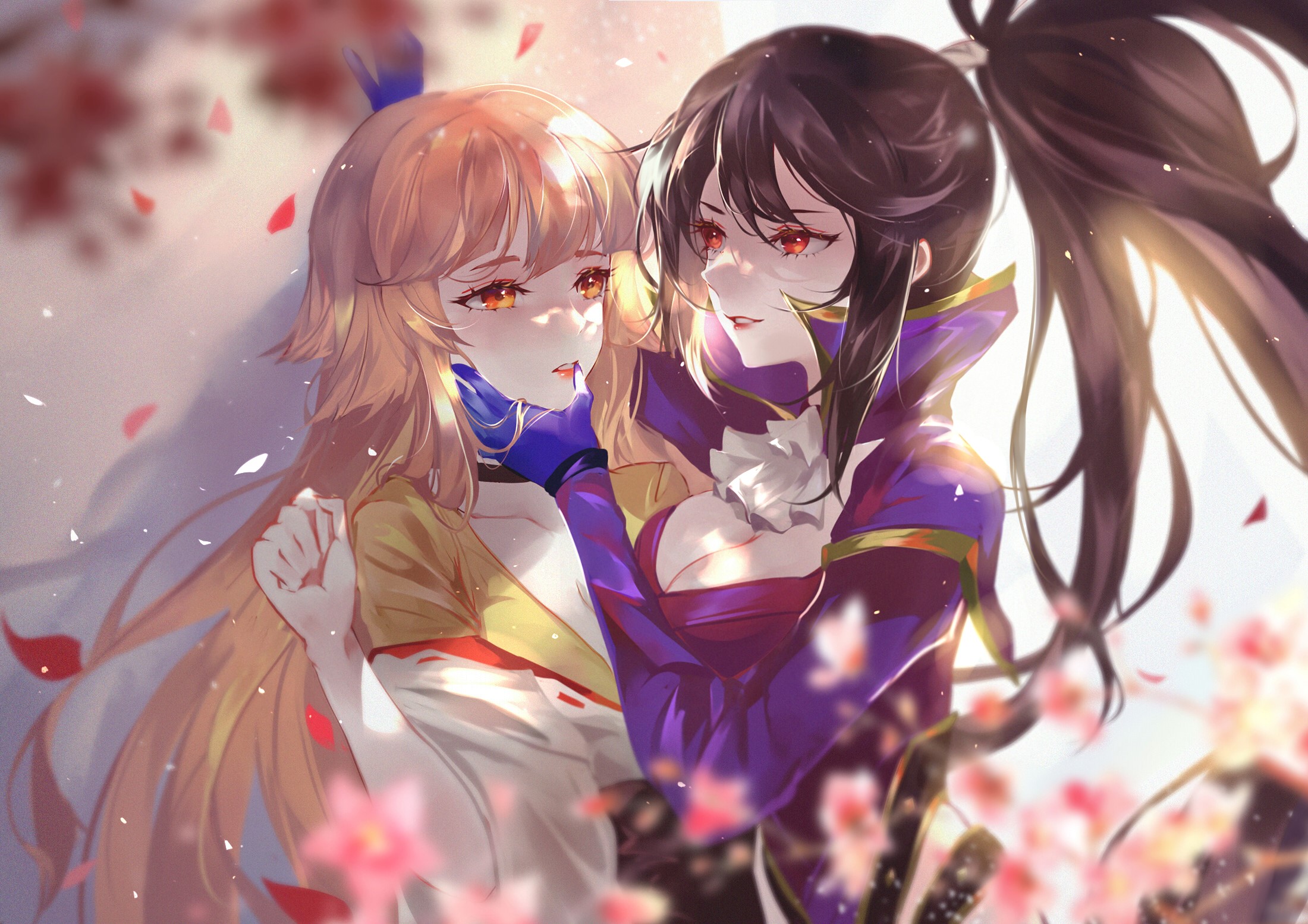 Two anime girls with red eyes and flower petals HD Wallpaper