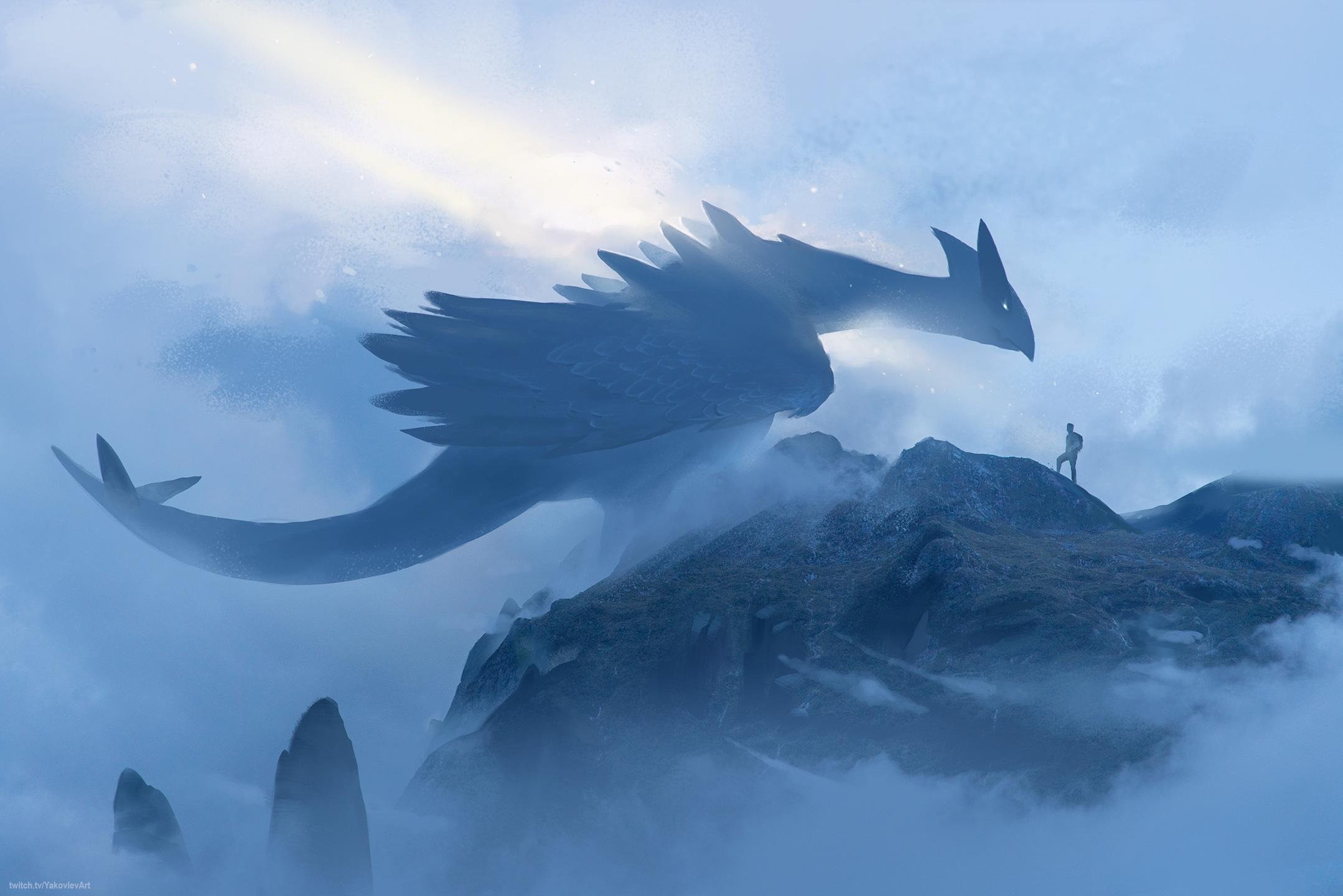 Lugia and a person on a misty mountain HD Wallpaper