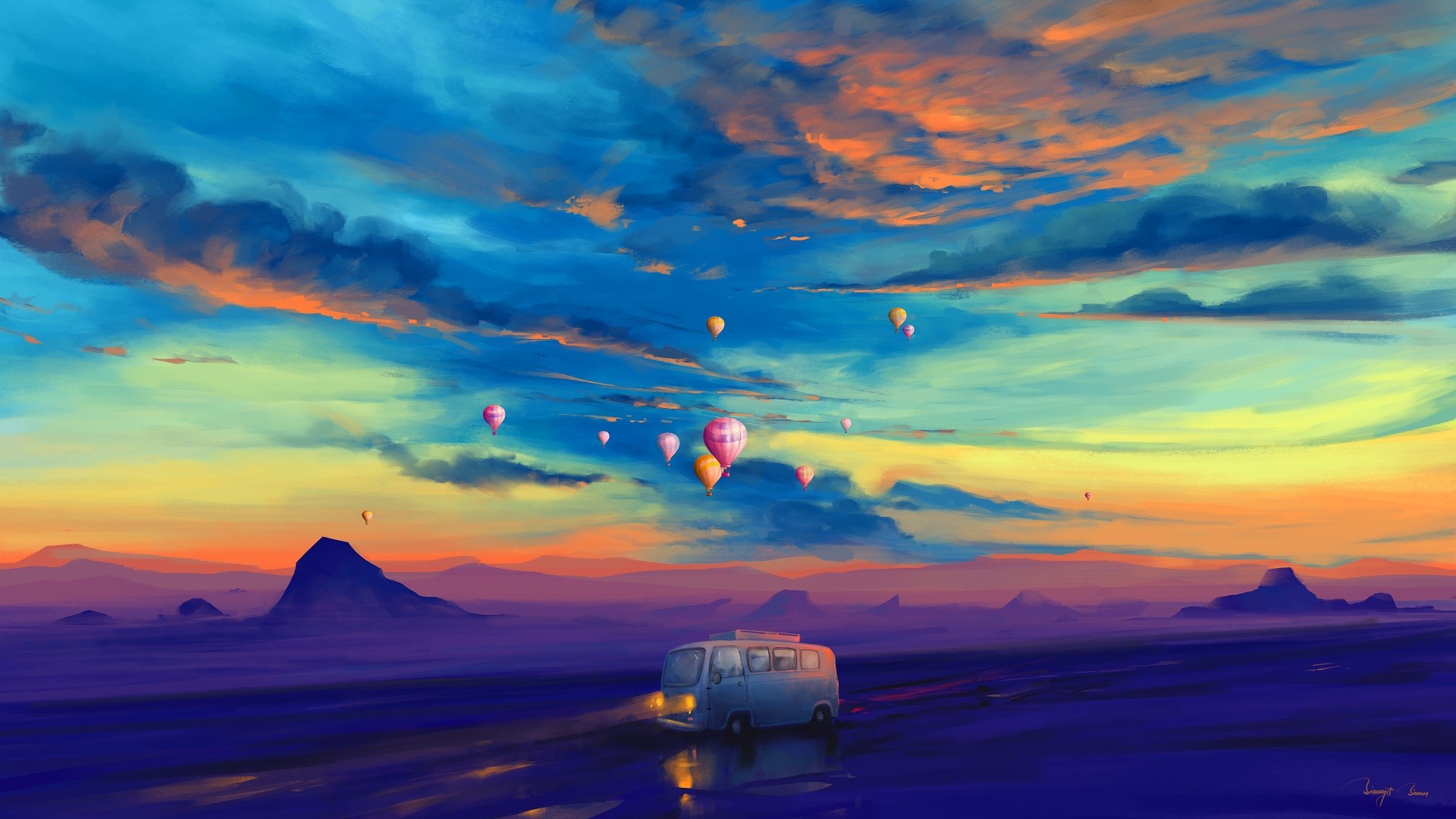 Hot air balloons over a landscape with a van HD Wallpaper