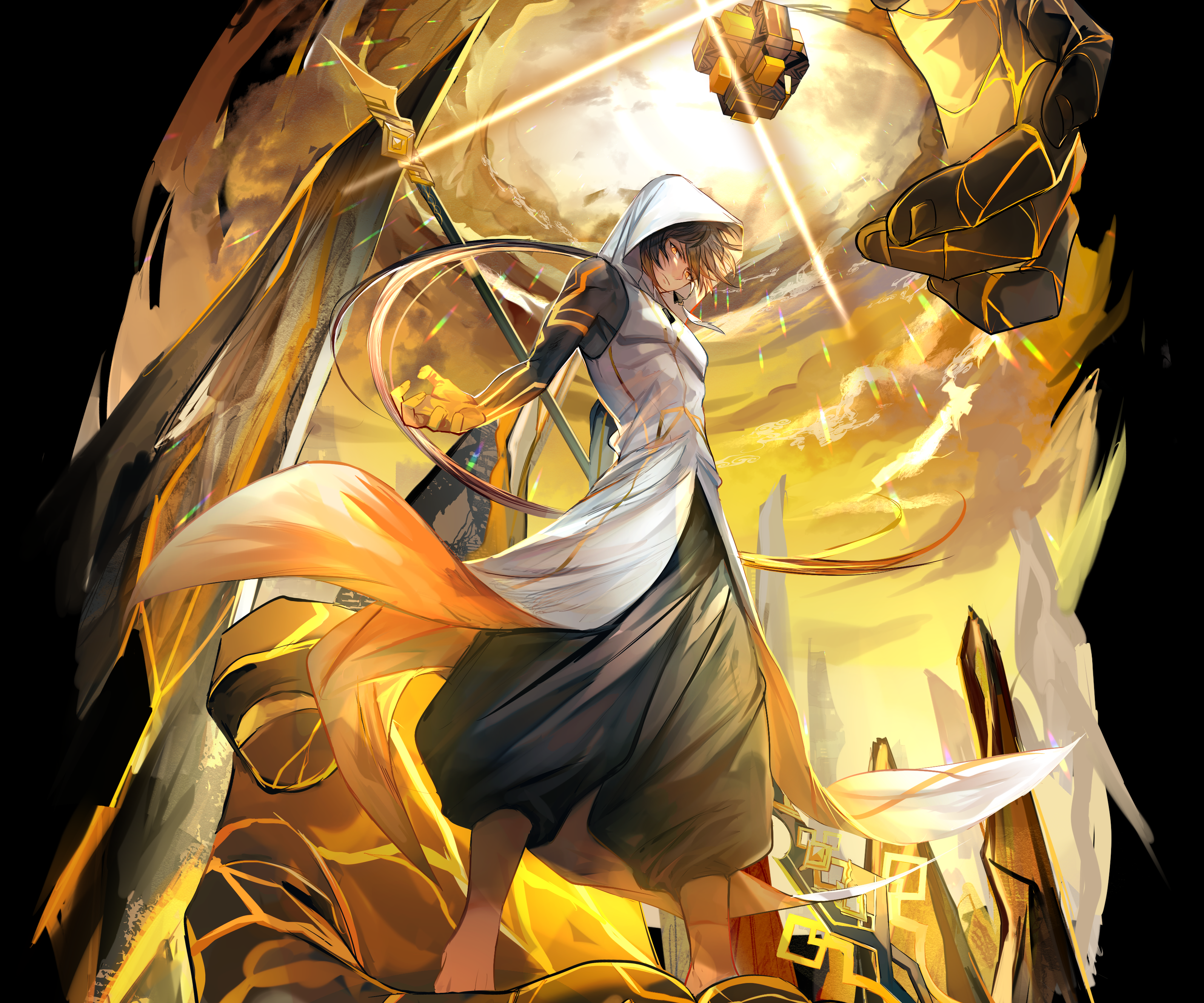 Zhongli from Genshin Impact with a giant stone golem HD Wallpaper