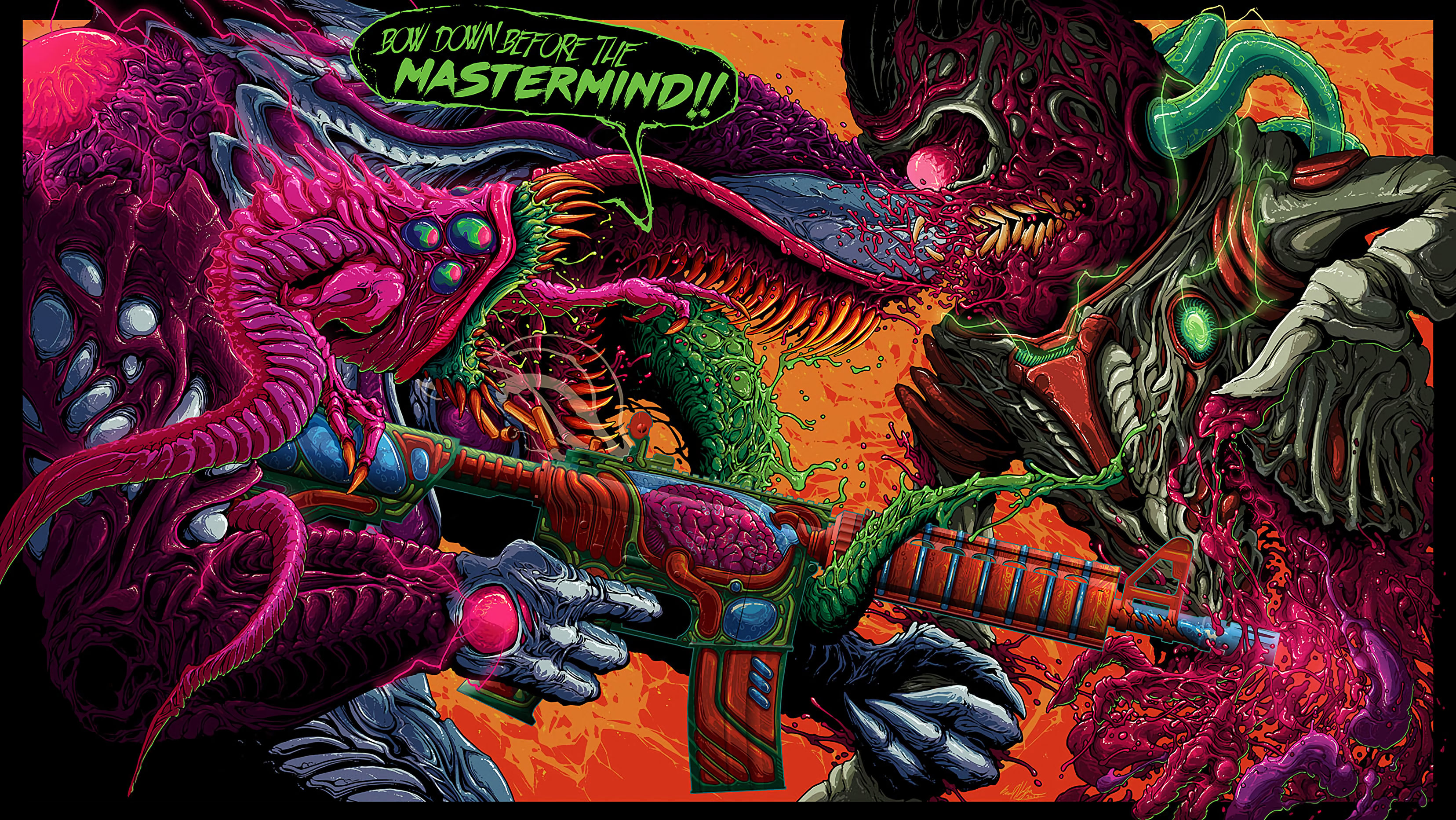 Gore-filled battle between two alien creatures with a weapon HD Wallpaper
