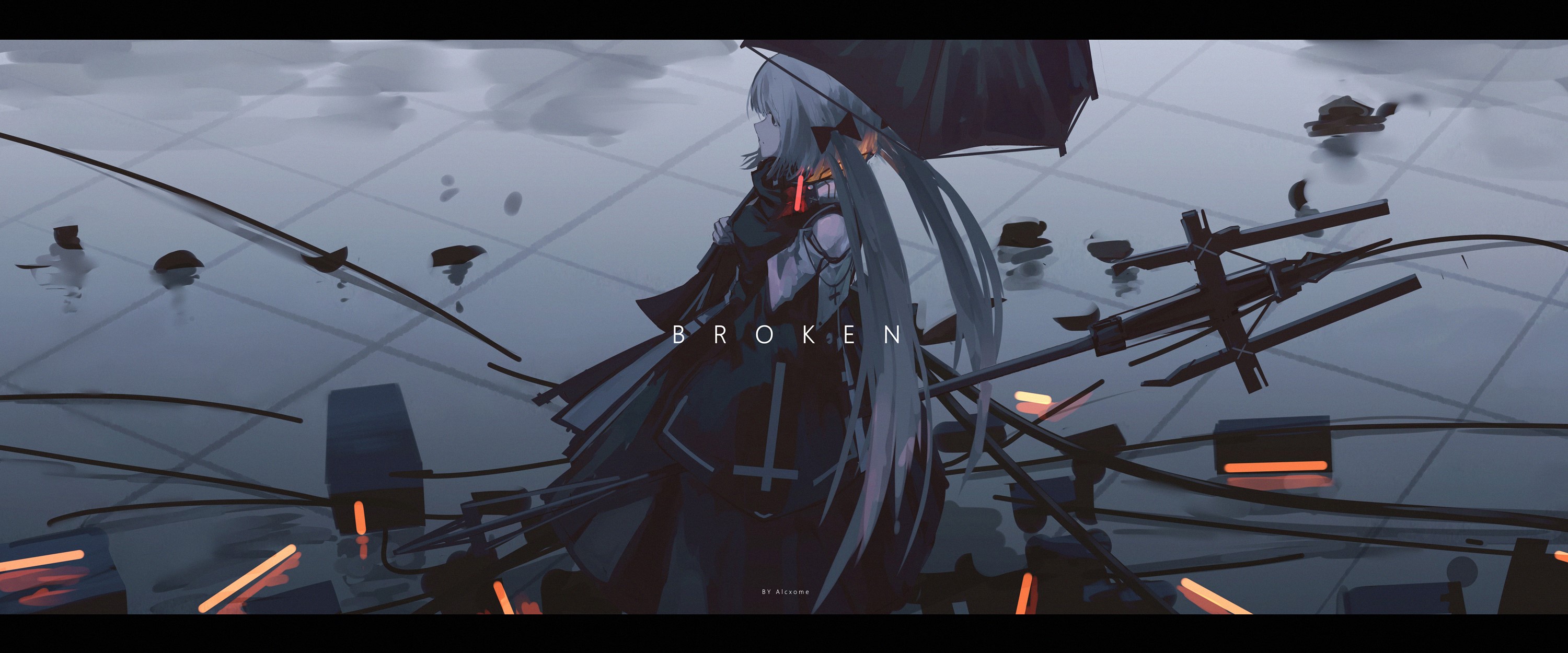 Anime girl with twintails holding umbrella, "BROKEN" text HD Wallpaper